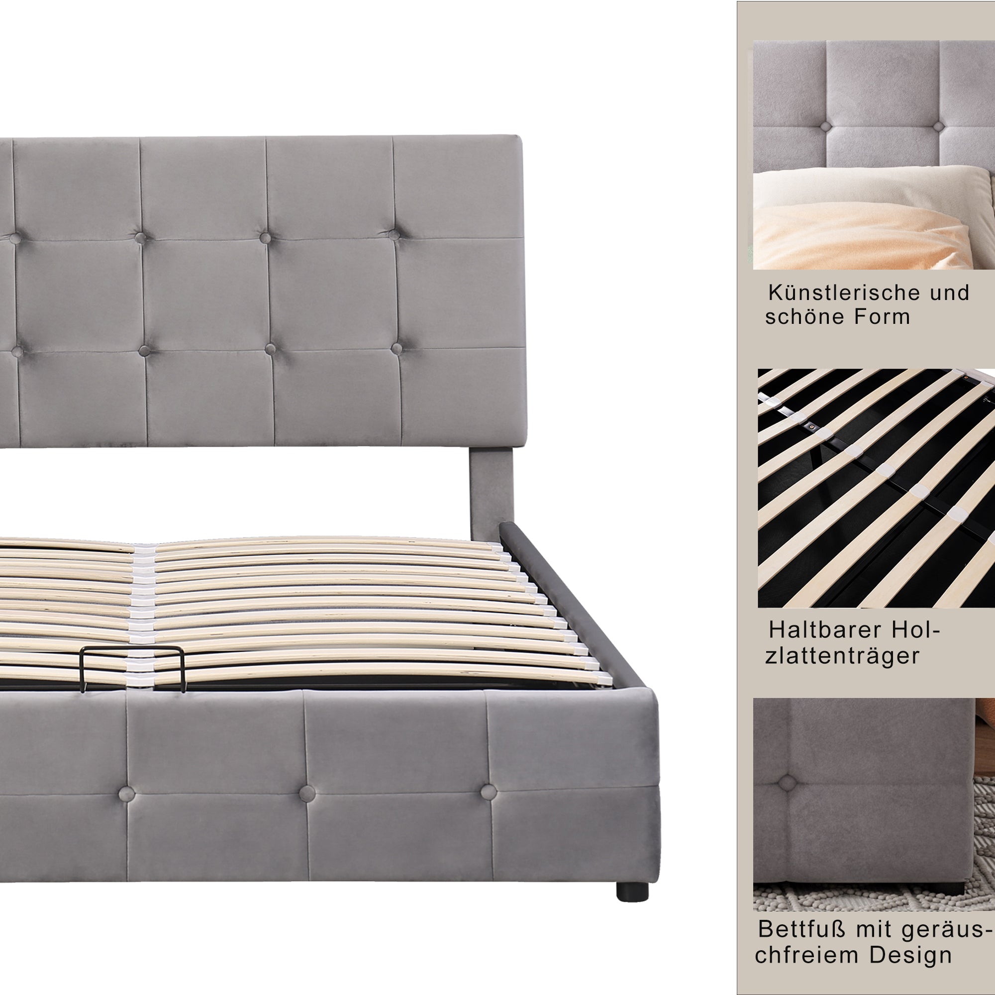 Upholstered Bed, 140x200 Double with Liftable Storage, Adjustable Headboard, Velvet Fabric Gray