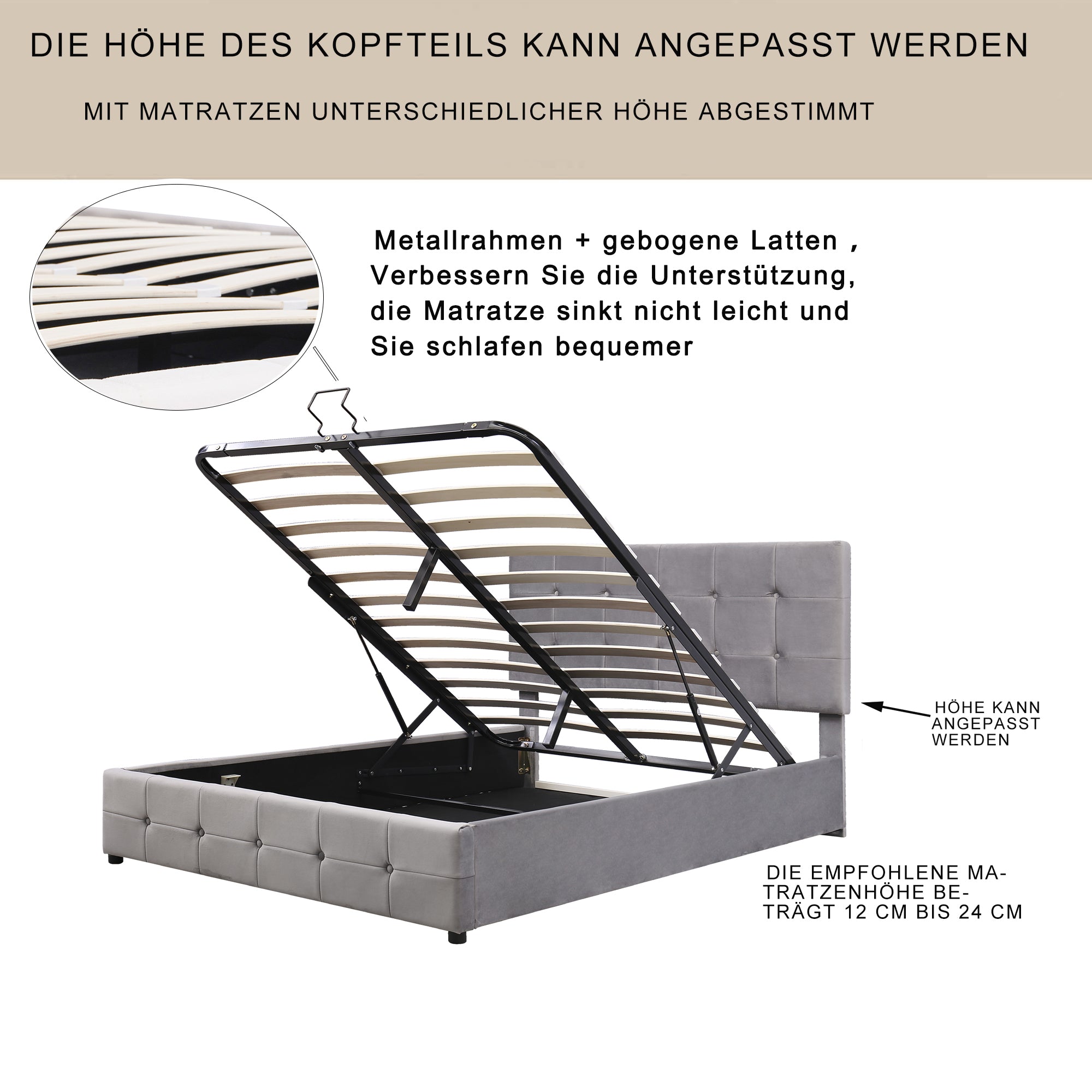 Upholstered Bed, 140x200 Double with Liftable Storage, Adjustable Headboard, Velvet Fabric Gray