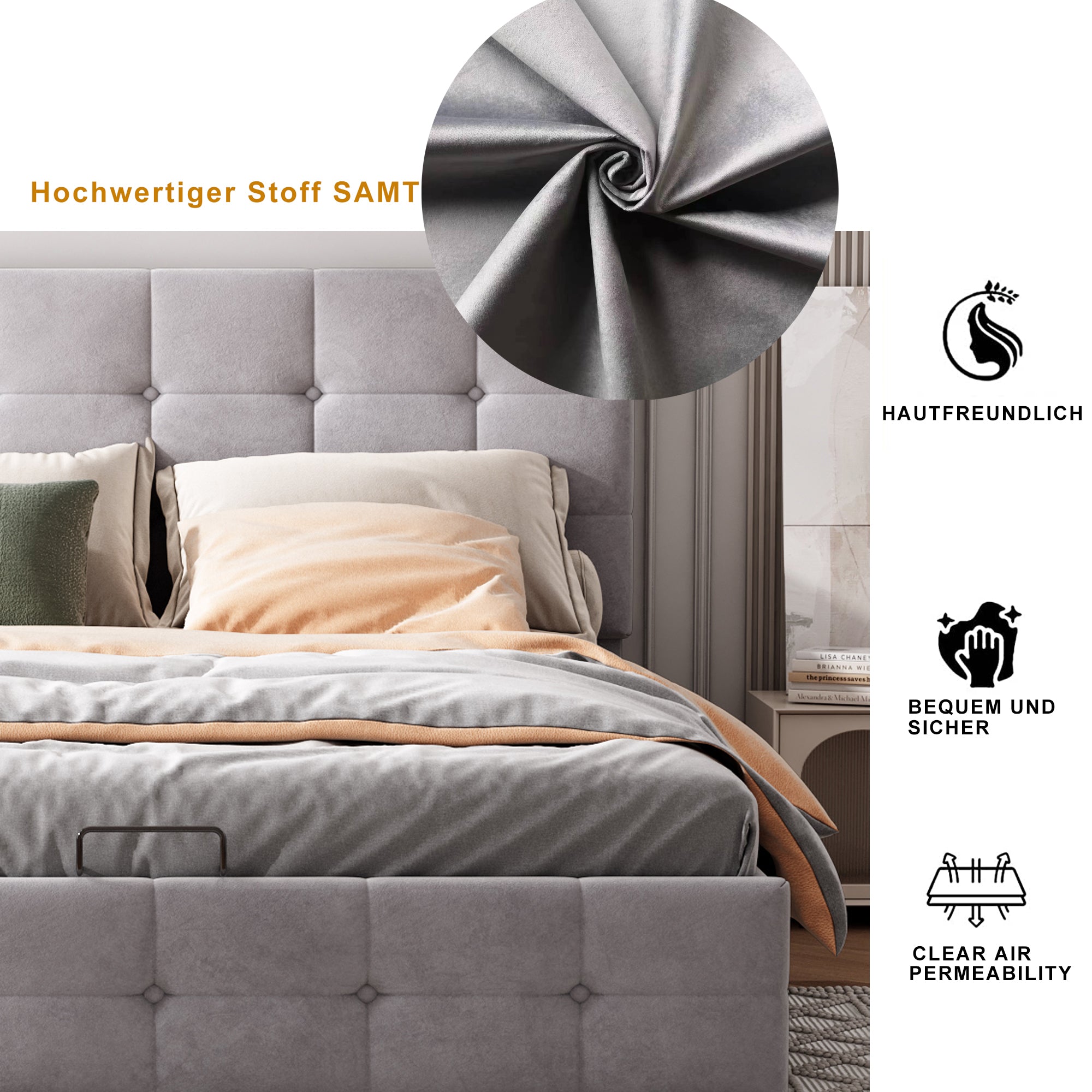 Upholstered Bed, 140x200 Double with Liftable Storage, Adjustable Headboard, Velvet Fabric Gray