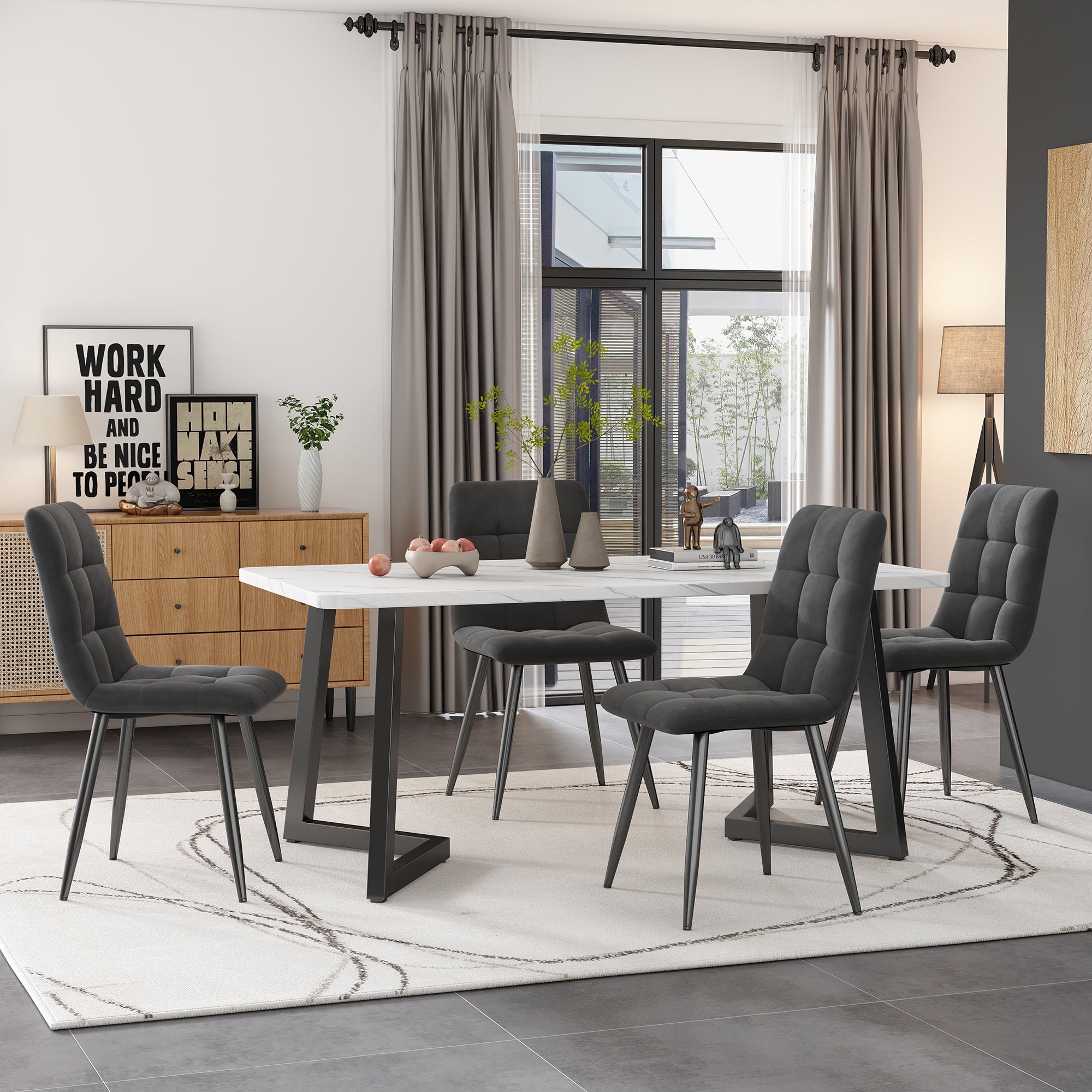 5-Piece Dining Set Rectangular Kitchen Table 117cm Dark Grey Velvet Black