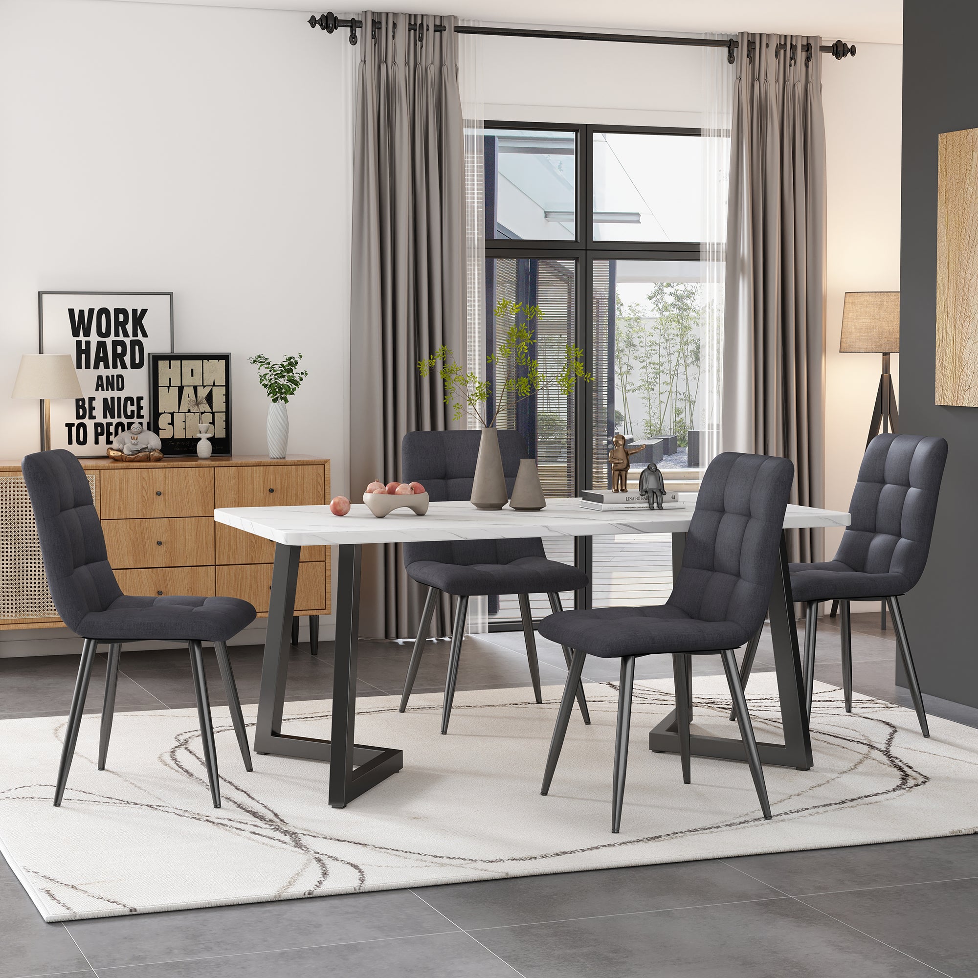 5-Piece Dining Set Rectangular Table 117cm with 4 Modern Chairs Dark Grey Linen Black