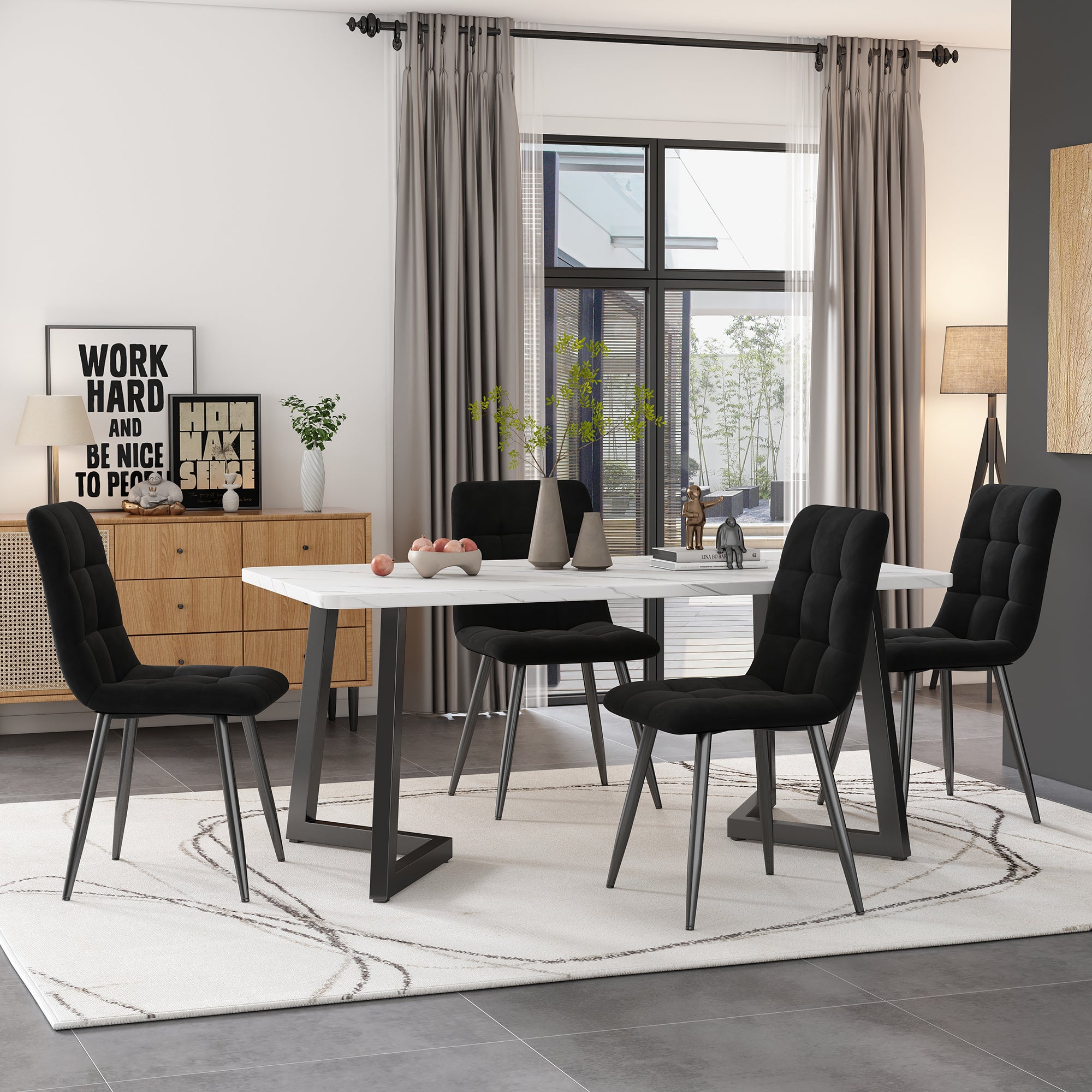 5-Piece Dining Set Rectangular Black Velvet Chairs with Black Legs