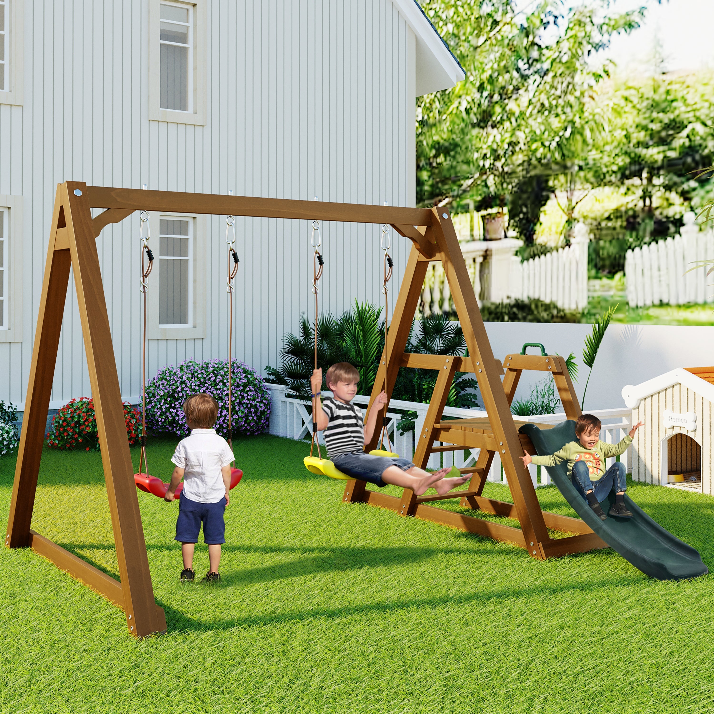 Double Swing for Children with Slide and Climbing Ladder, Solid Wood