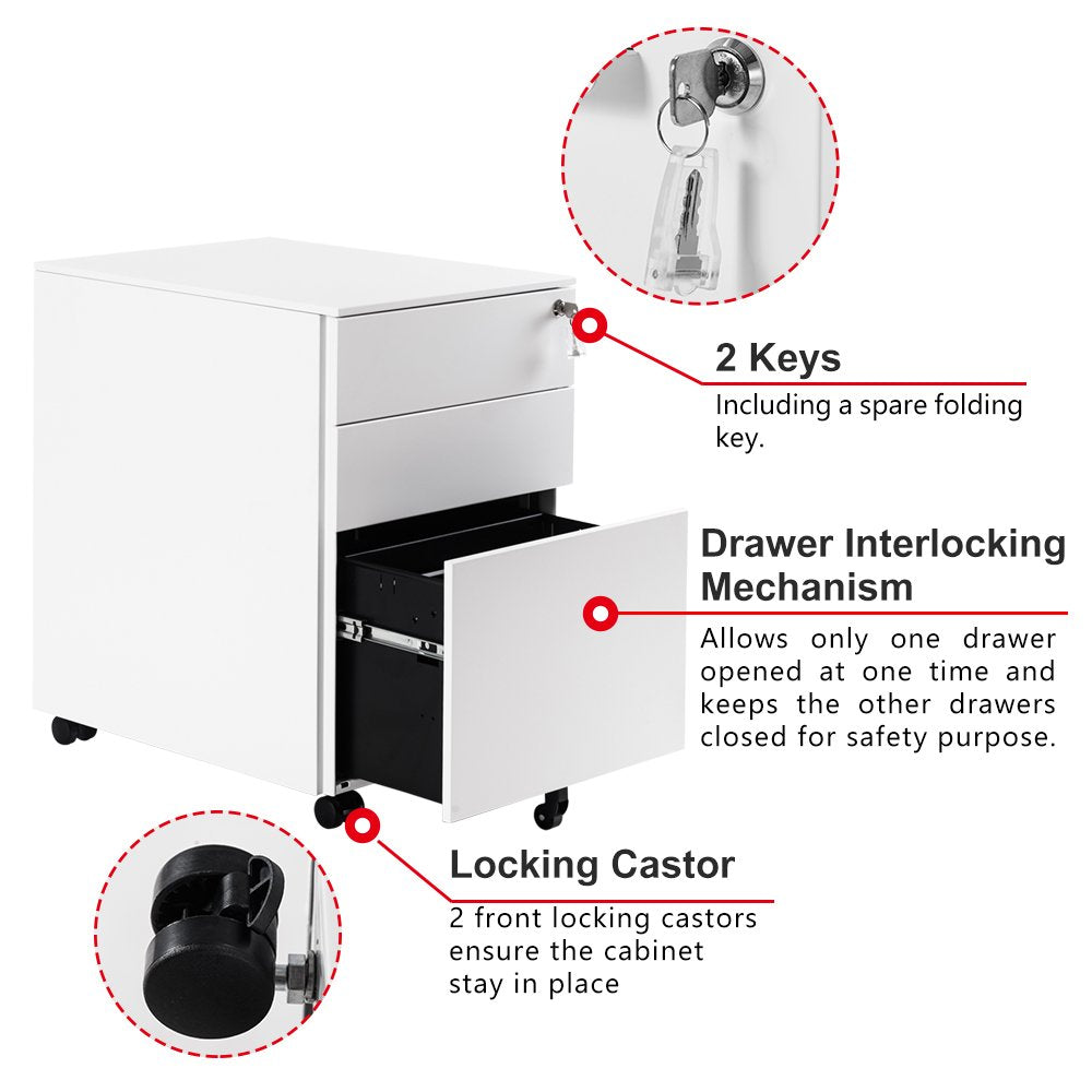 Mobile File Cabinet 3 Drawers 5 Wheels Lockable Storage for A4 Metal Solid Pedestal with Keys