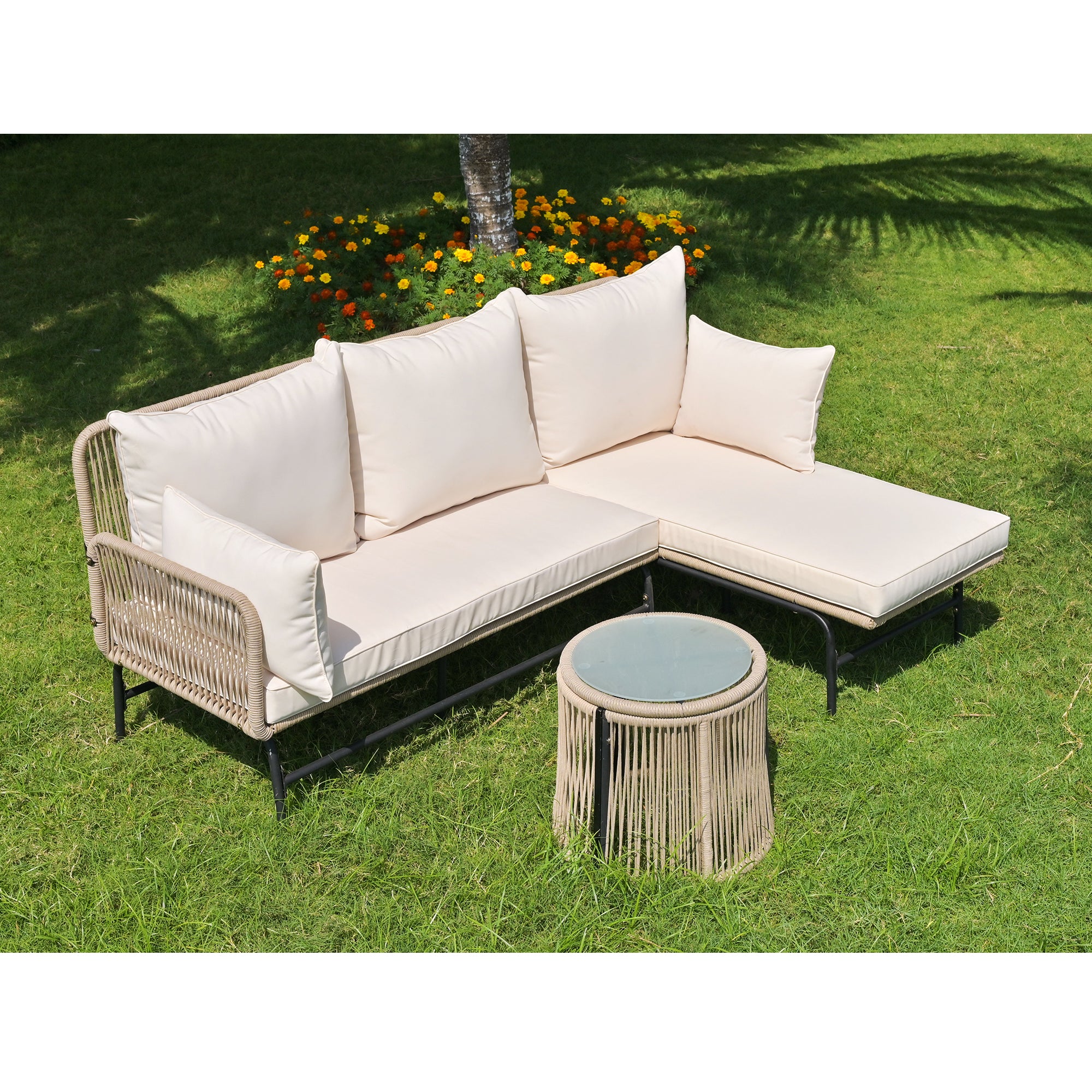 Garden Lounge Set with Iron Frame and Woven Rope, Beige