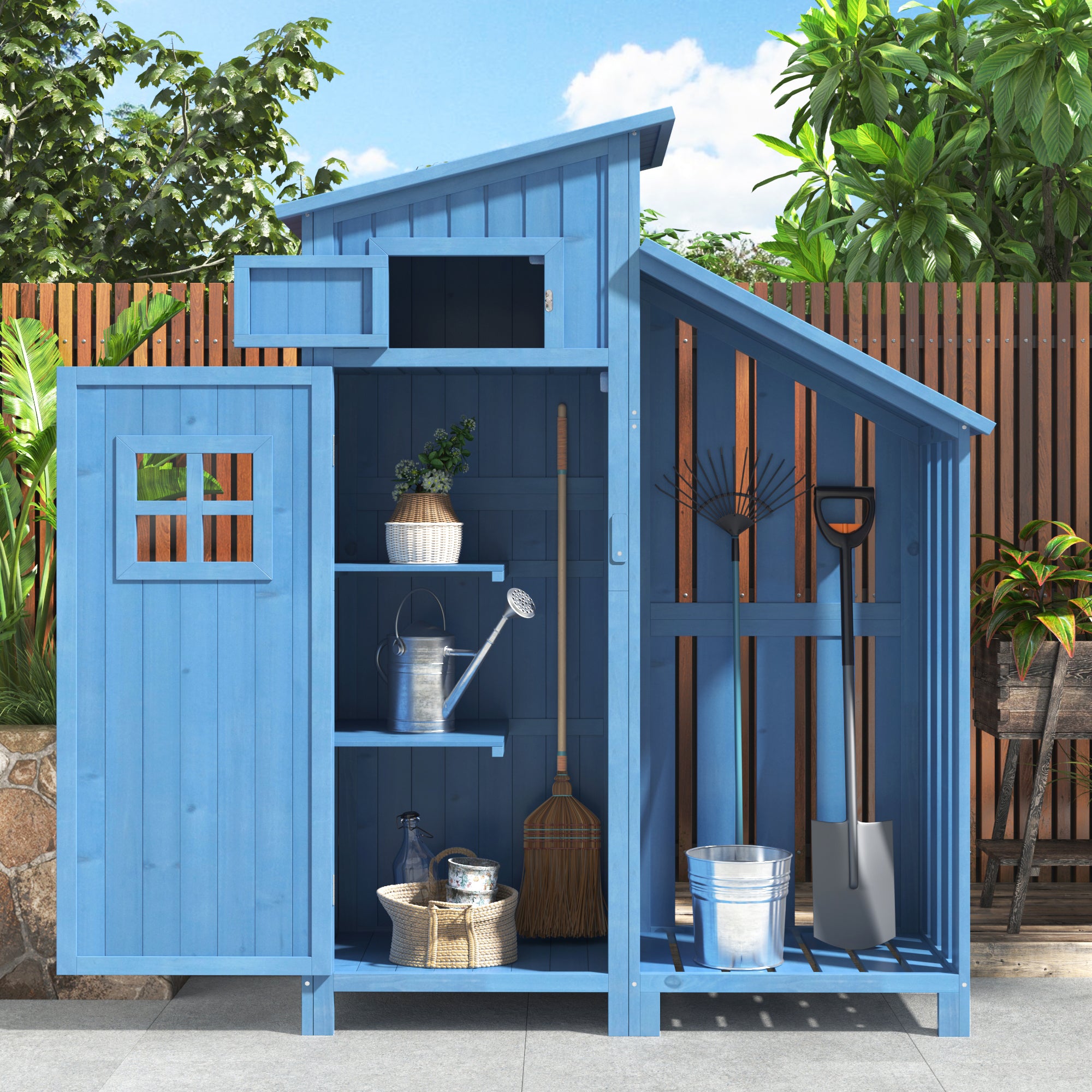 Garden Shed Tool Storage Cabinet 124x46x174 cm for Small Gardens Blue Wood