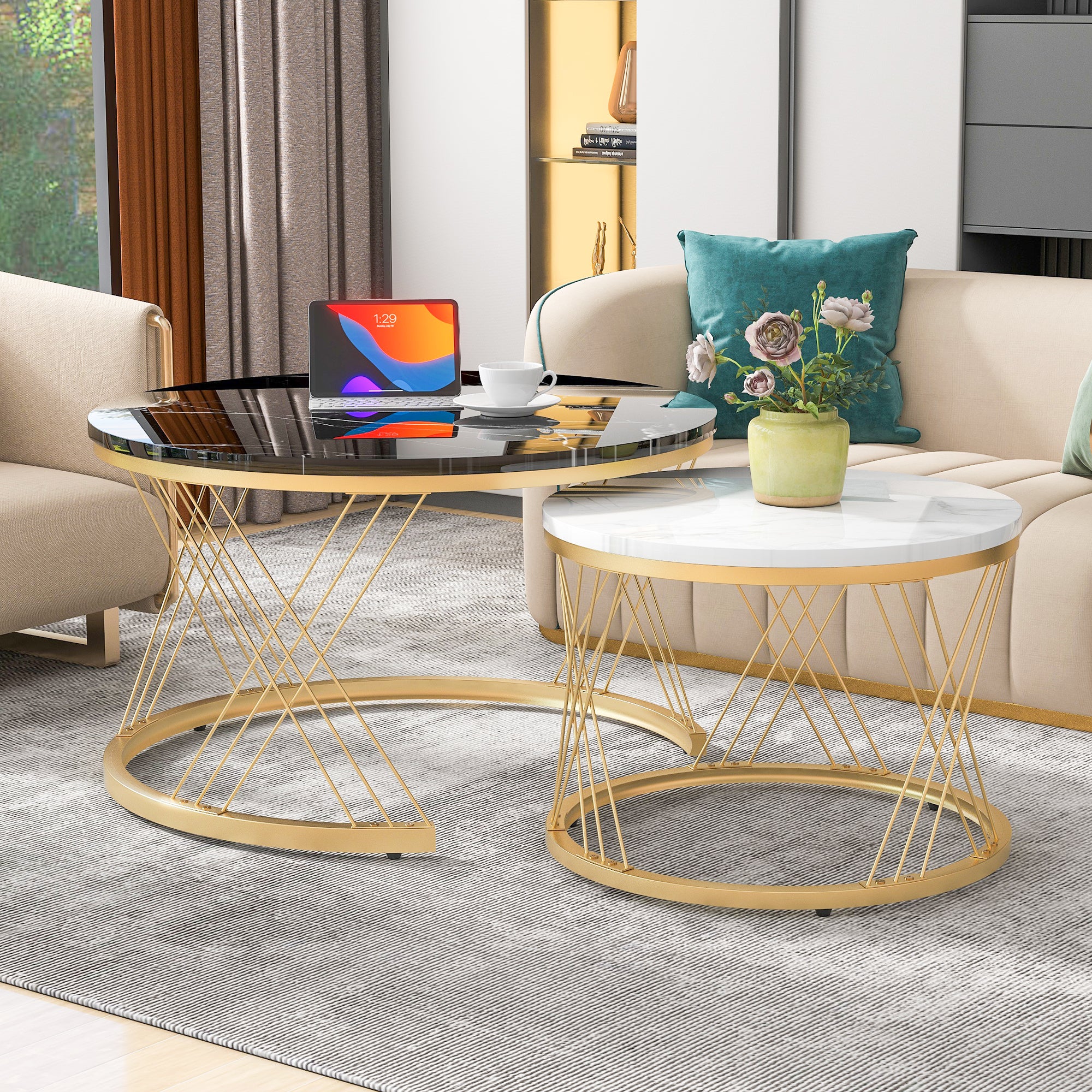 Nesting Coffee Table Set, Round End Tables, Set of 2, Gold Frame Marble Veneer