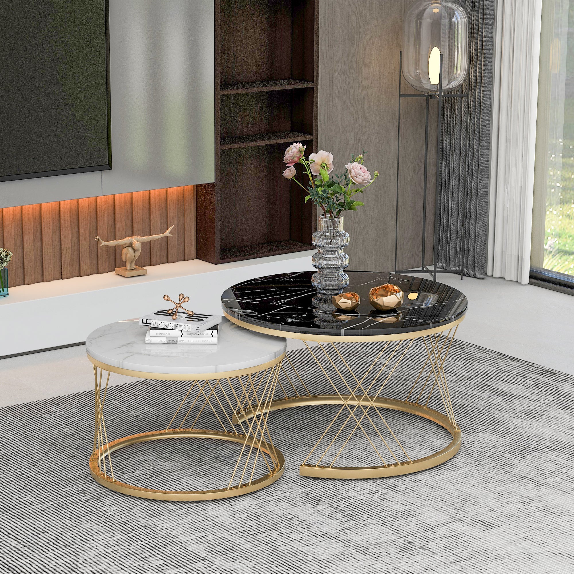 Modern Nesting Coffee Table, Set of 2 Round End Tables, Marble Veneer and Gold