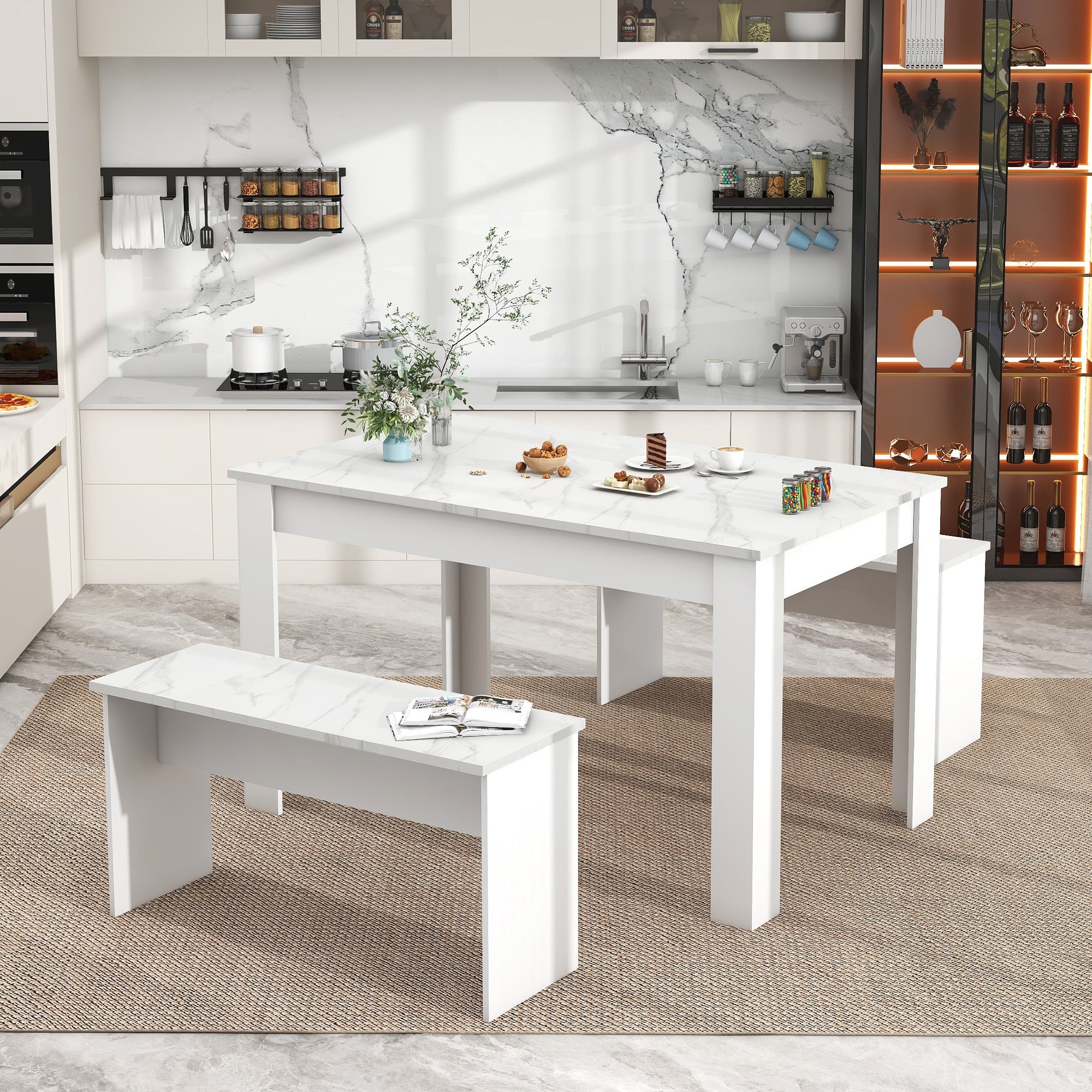 Dining Table with 2 benches Dining Table Set for Kitchen, Dining Room, Small Space, Artificial Marble White