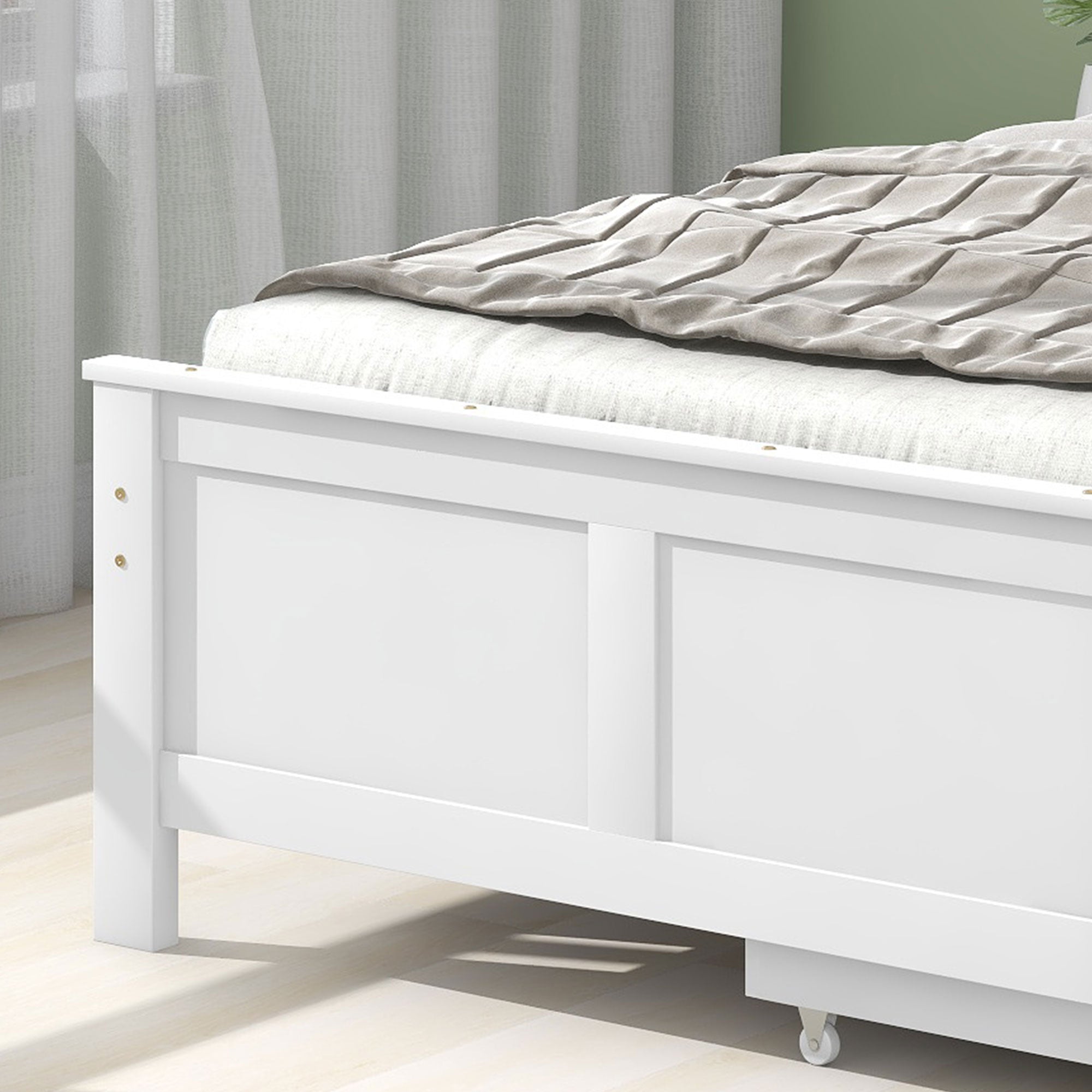 Wooden Bed, Single Adult Youth with Storage Drawers, Pine Wood, White