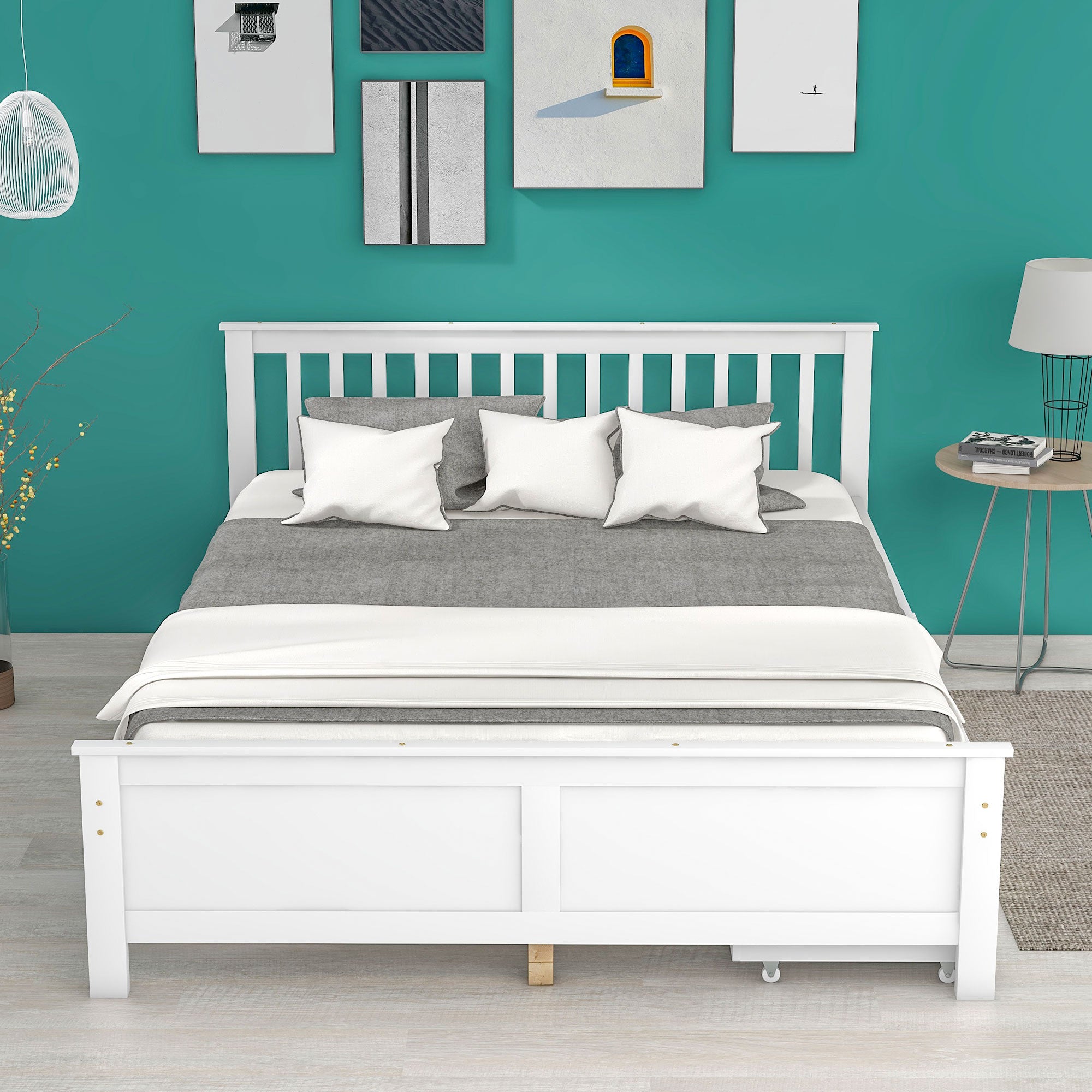 Wooden Bed, Double/Youth/Adult, Storage Drawers, Pinewood, White