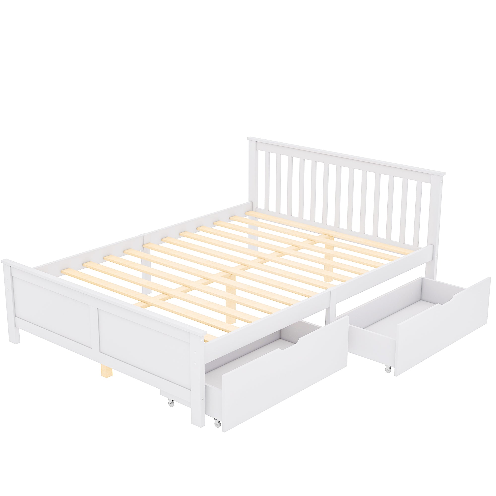 Wooden Bed, Double/Youth/Adult, Storage Drawers, Pinewood, White