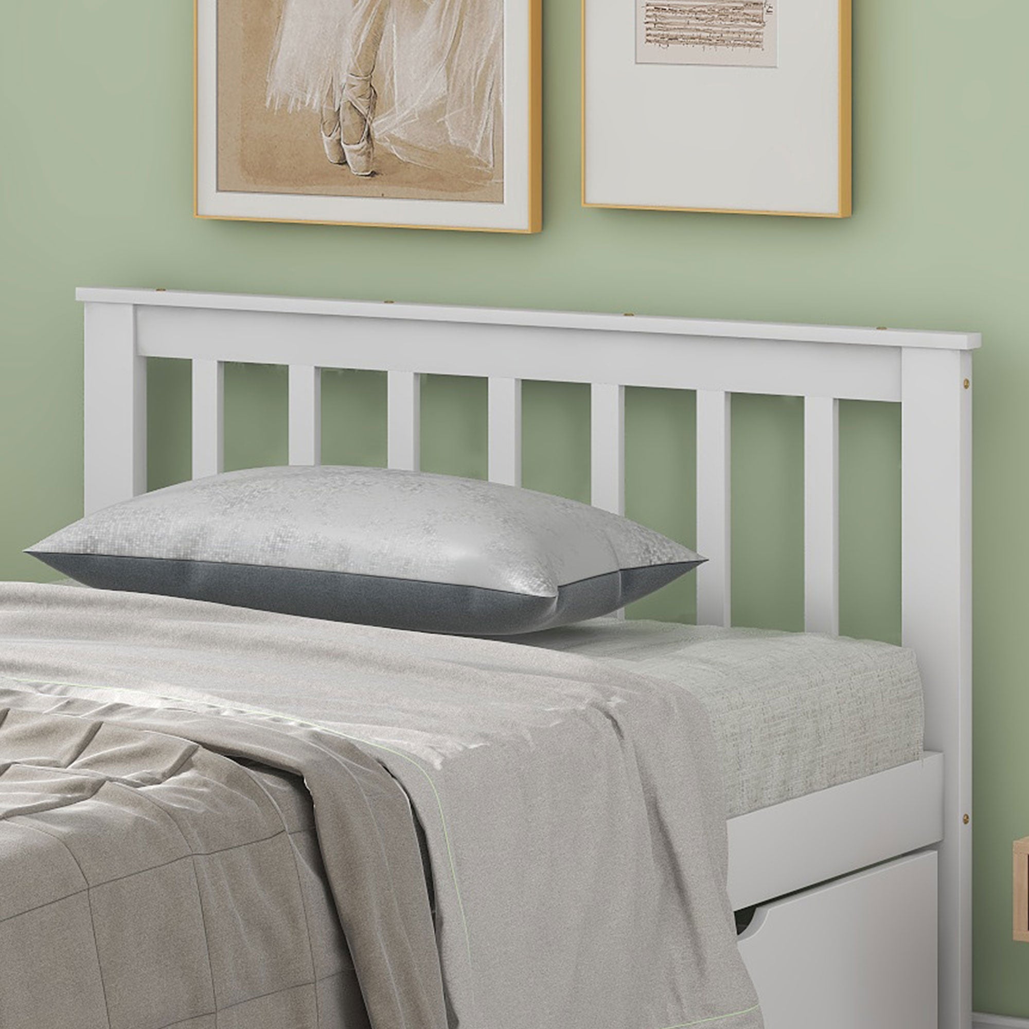 Wooden Bed, Single Adult Youth with Storage Drawers, Pine Wood, White