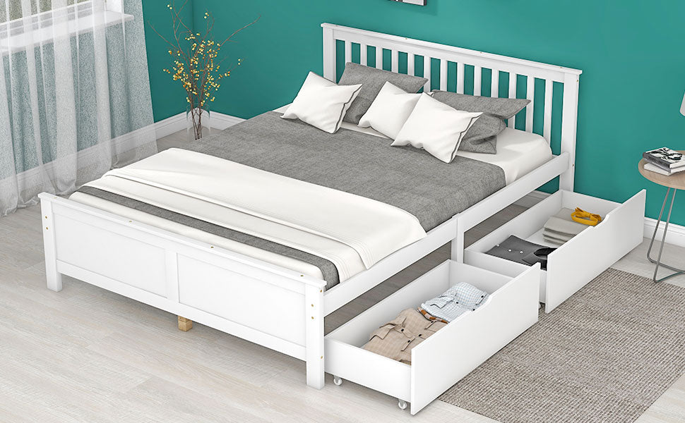 Wooden Bed, Double/Youth/Adult, Storage Drawers, Pinewood, White