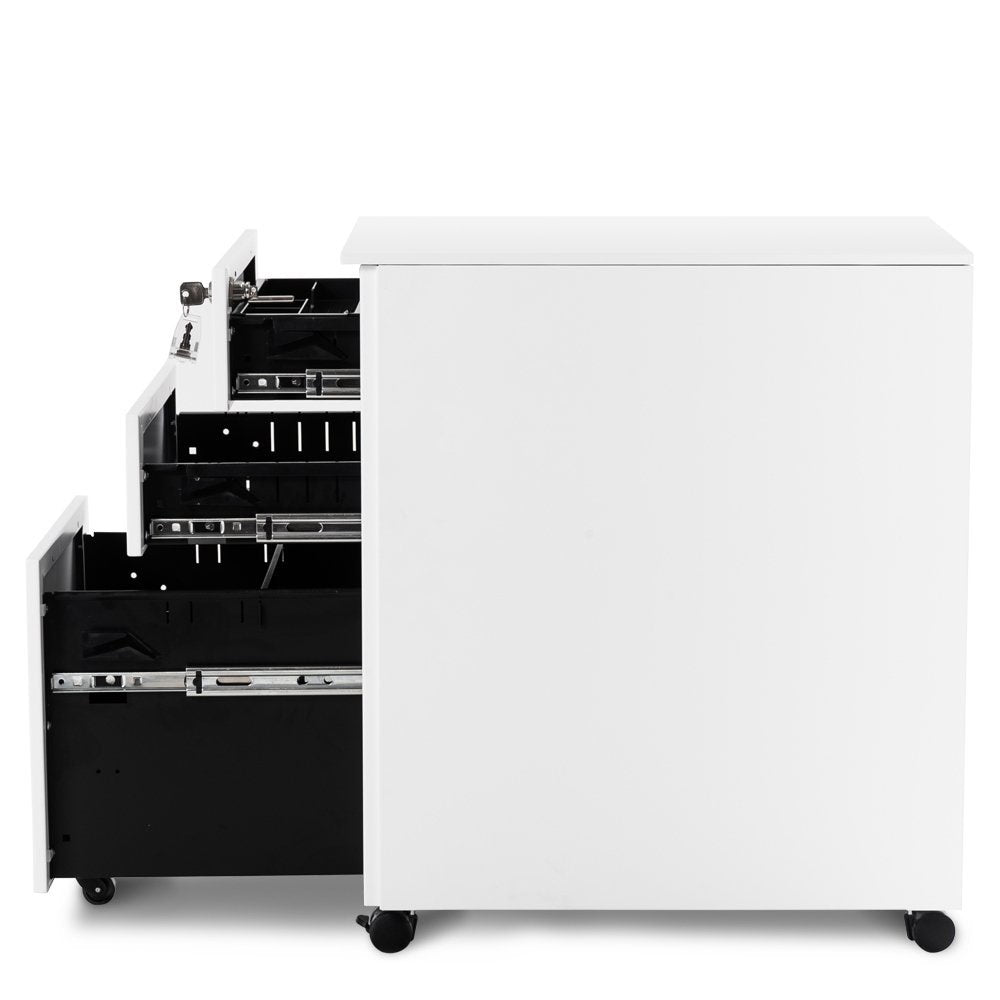 Mobile File Cabinet 3 Drawers 5 Wheels Lockable Storage for A4 Metal Solid Pedestal with Keys