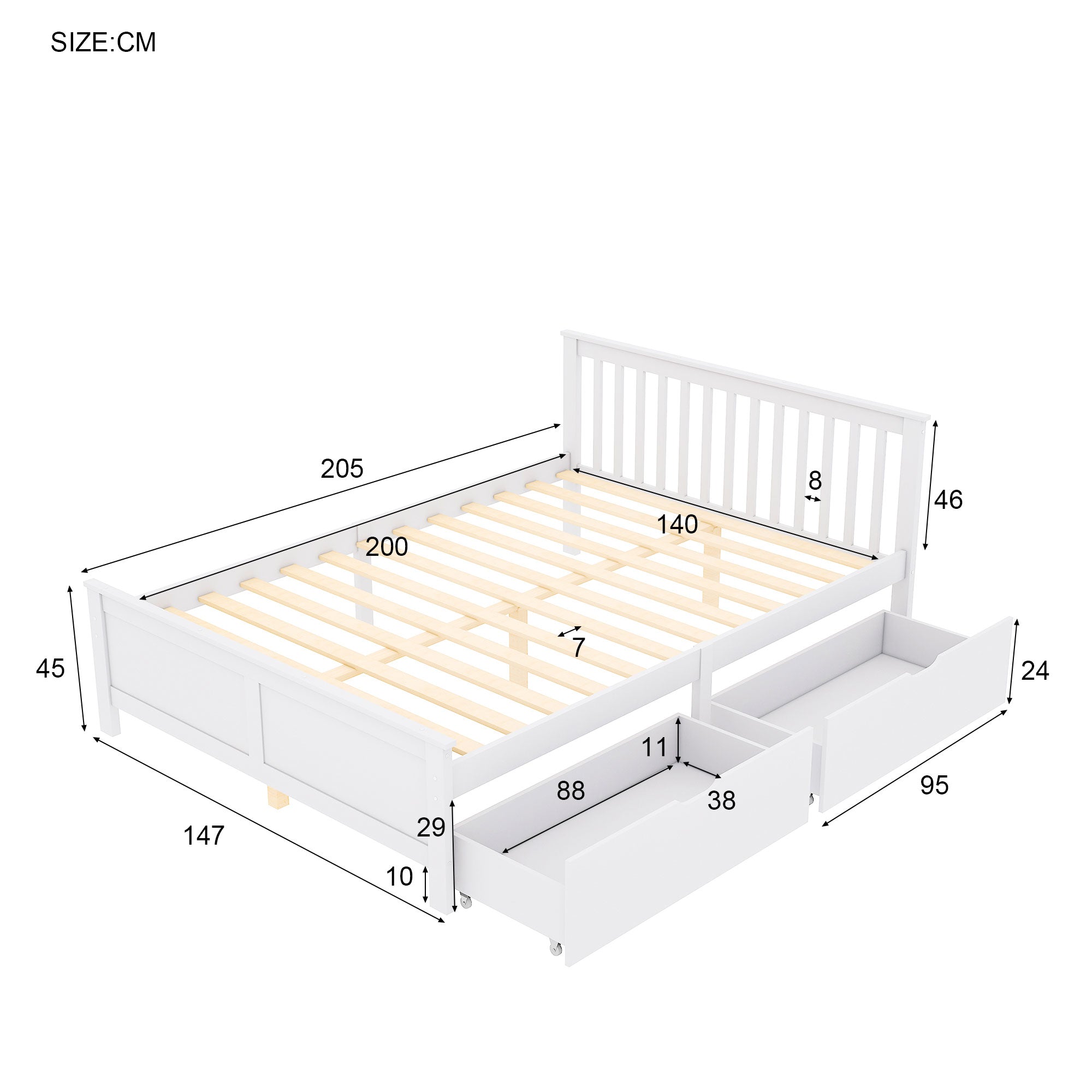 Wooden Bed, Double/Youth/Adult, Storage Drawers, Pinewood, White