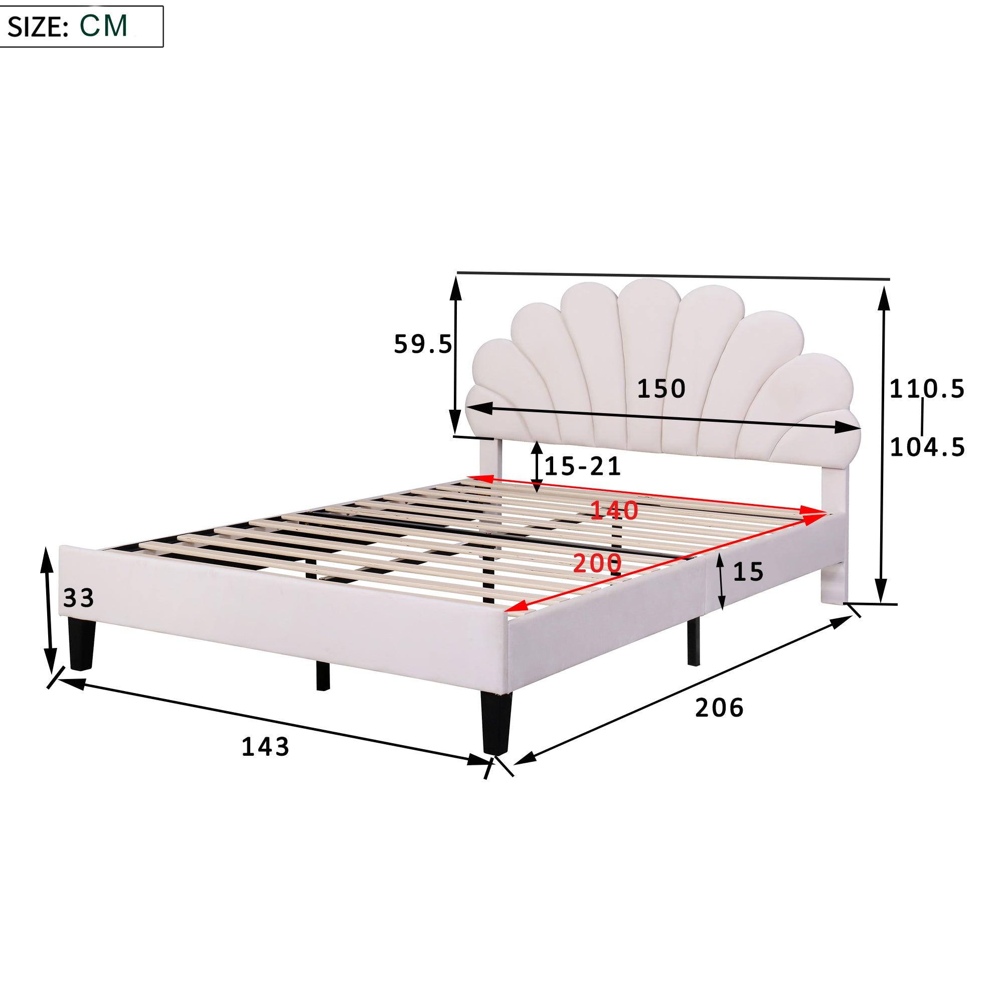 Upholstered Double Bed, 140x200cm Flower Headboard with Slats, Velvet Beige