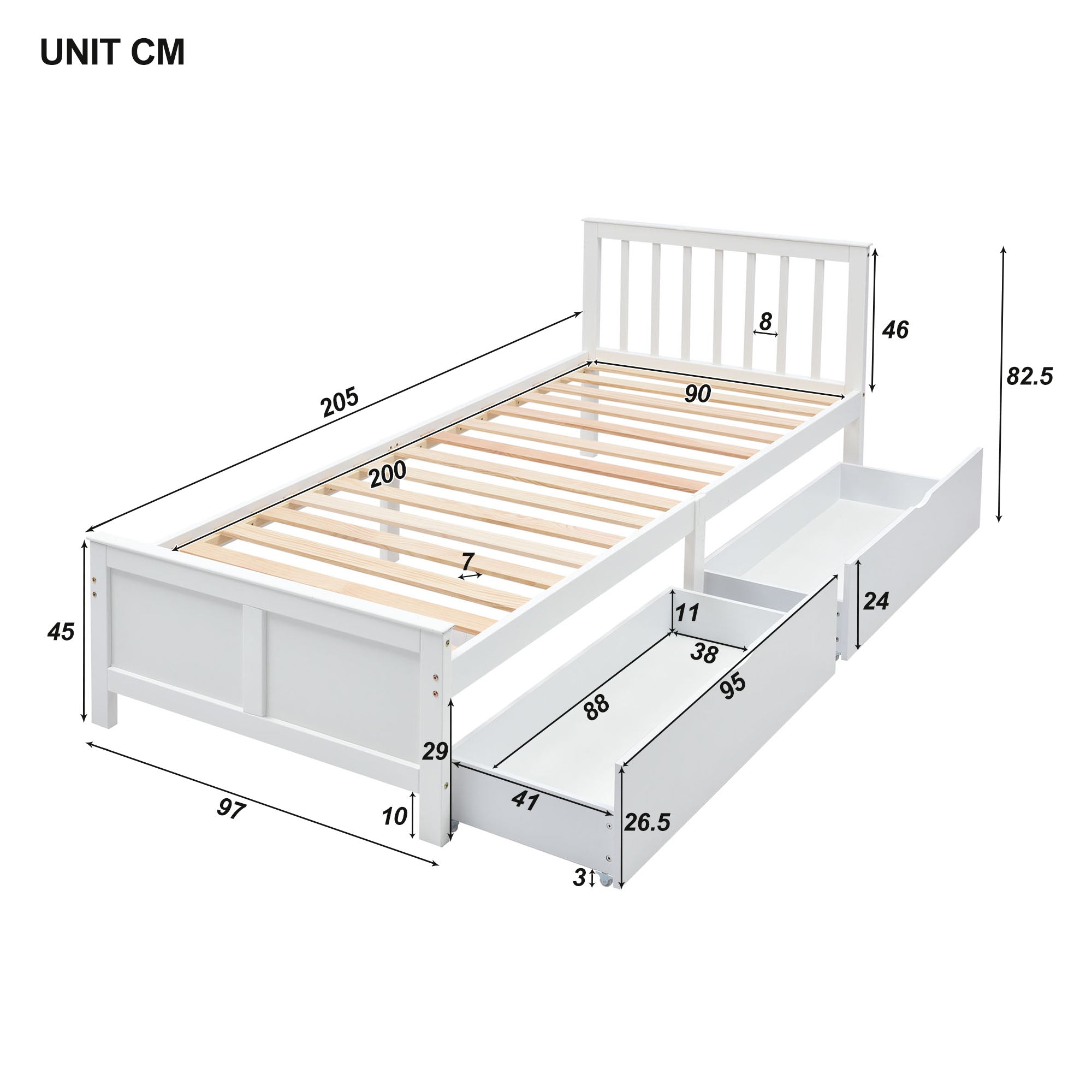 Wooden Bed, Single Adult Youth with Storage Drawers, Pine Wood, White