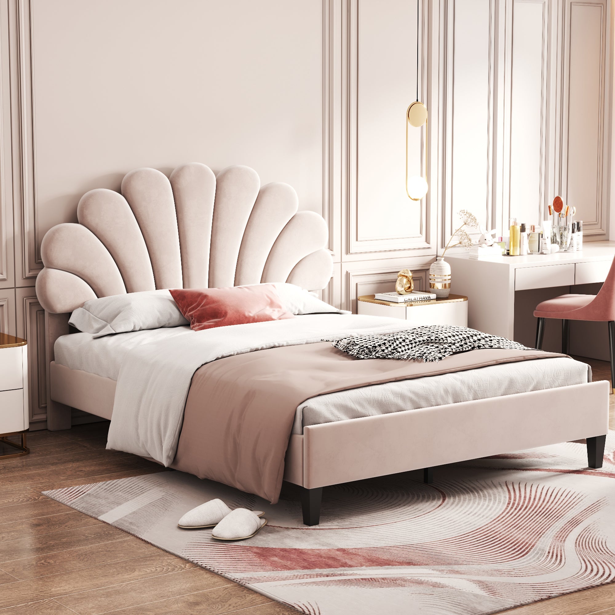 Upholstered Double Bed, 140x200cm Flower Headboard with Slats, Velvet Beige