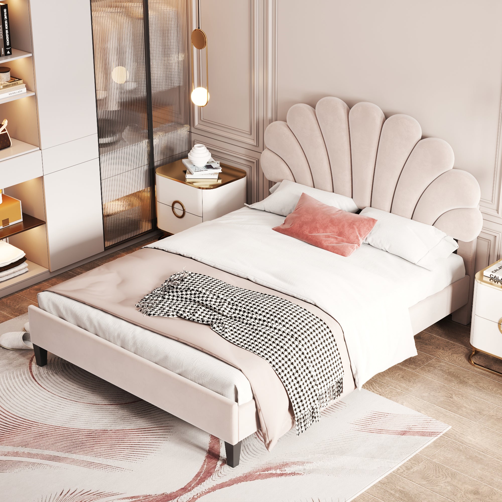 Upholstered Double Bed, 140x200cm Flower Headboard with Slats, Velvet Beige