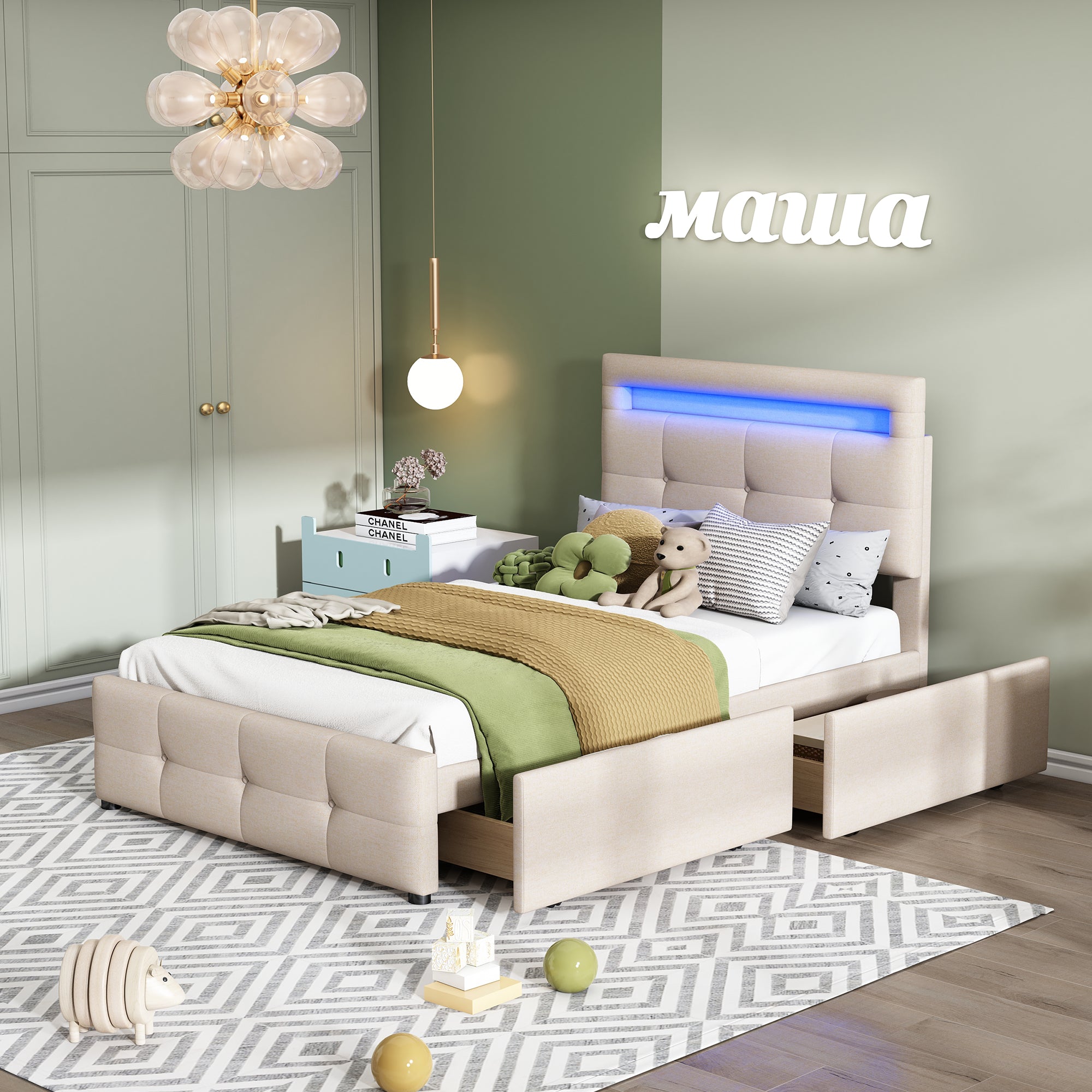 Upholstered Bed 90x200cm, LED Lights, 2 Drawers, Linen Beige