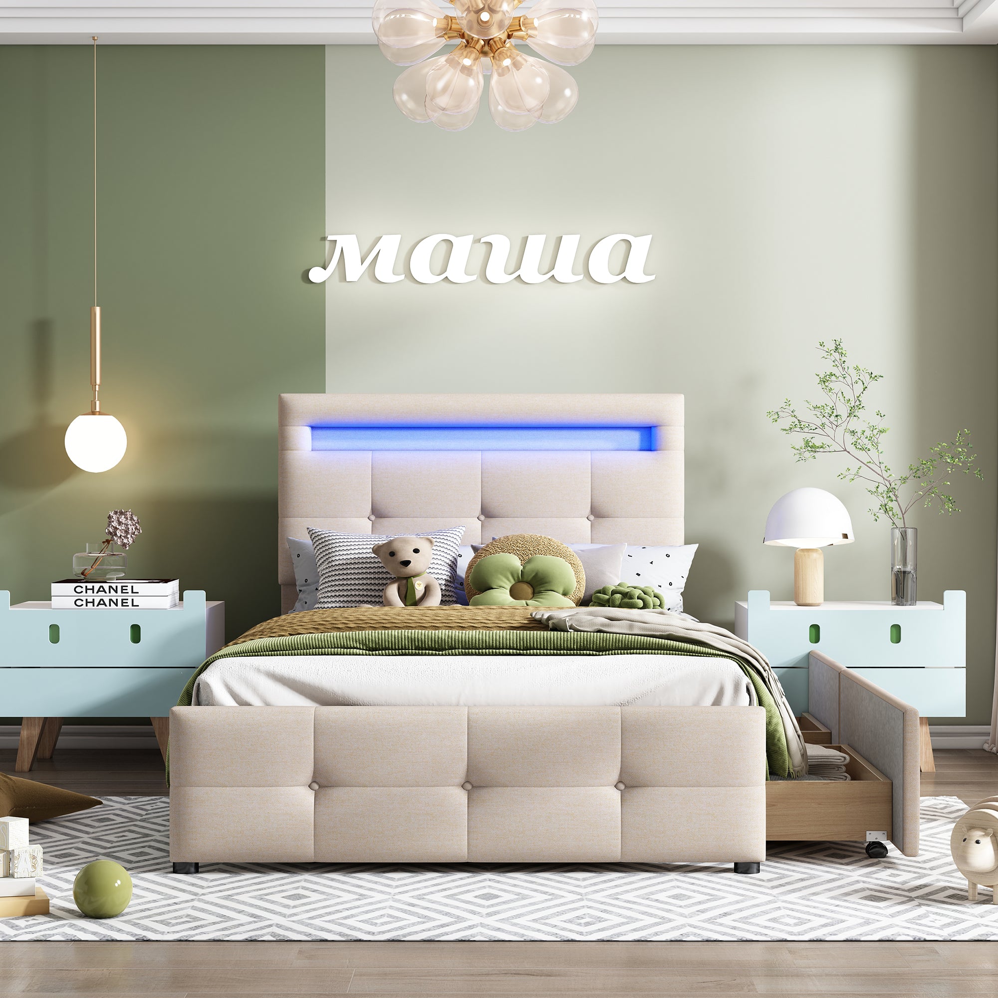 Upholstered Bed 90x200cm, LED Lights, 2 Drawers, Linen Beige