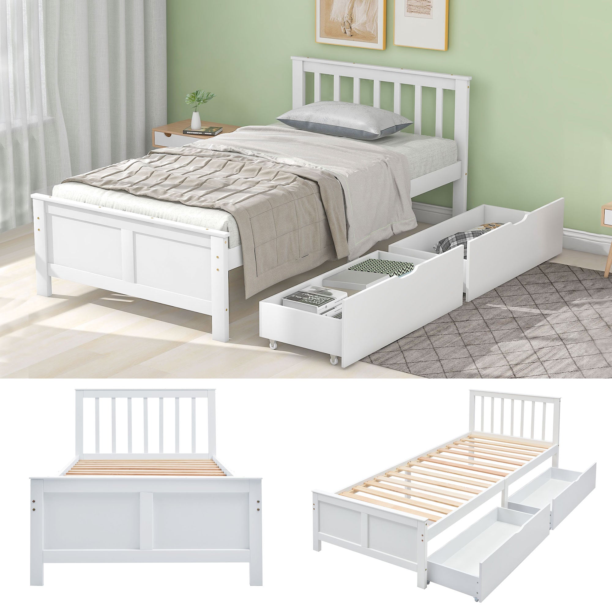 Wooden Bed, Single Adult Youth with Storage Drawers, Pine Wood, White