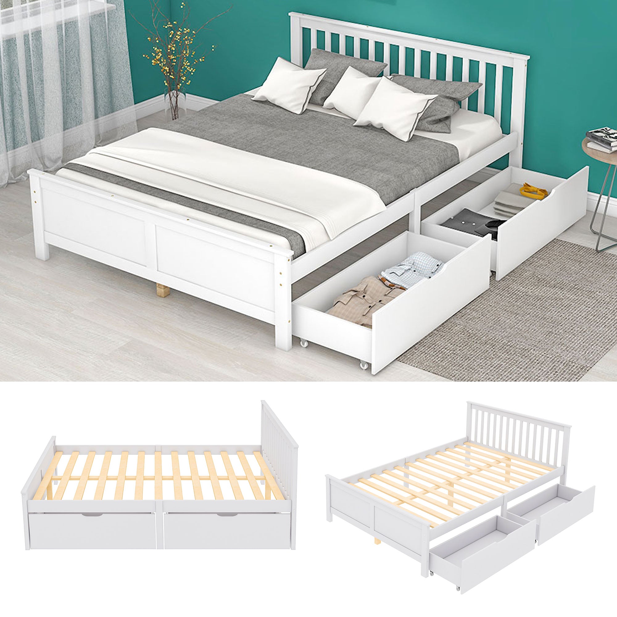 Wooden Bed, Double/Youth/Adult, Storage Drawers, Pinewood, White