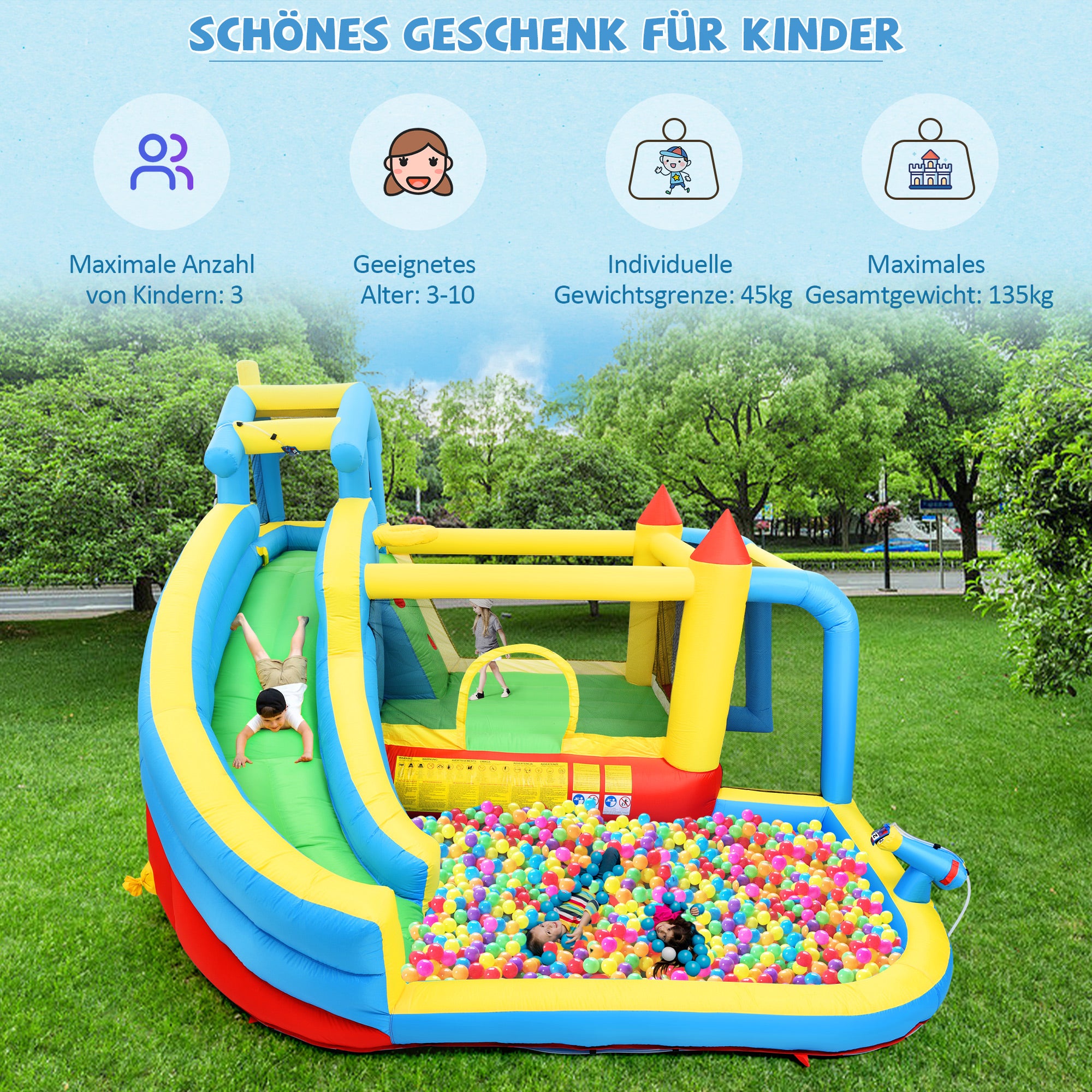 Children's Bouncy Castle, 5 in 1 inflatable outdoor castle with slide, jumping area, water pool, football net