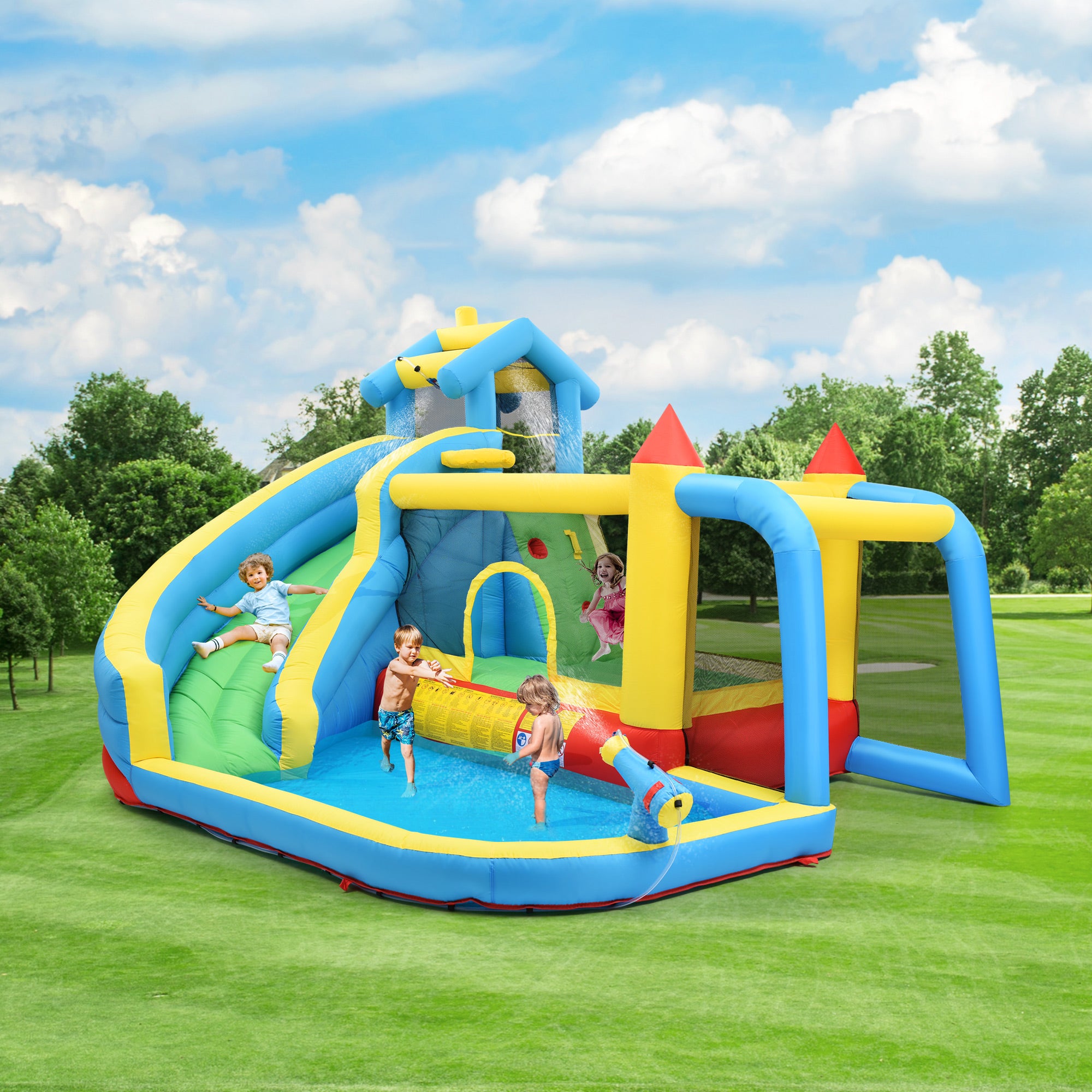 Children's Bouncy Castle, 5 in 1 inflatable outdoor castle with slide, jumping area, water pool, football net