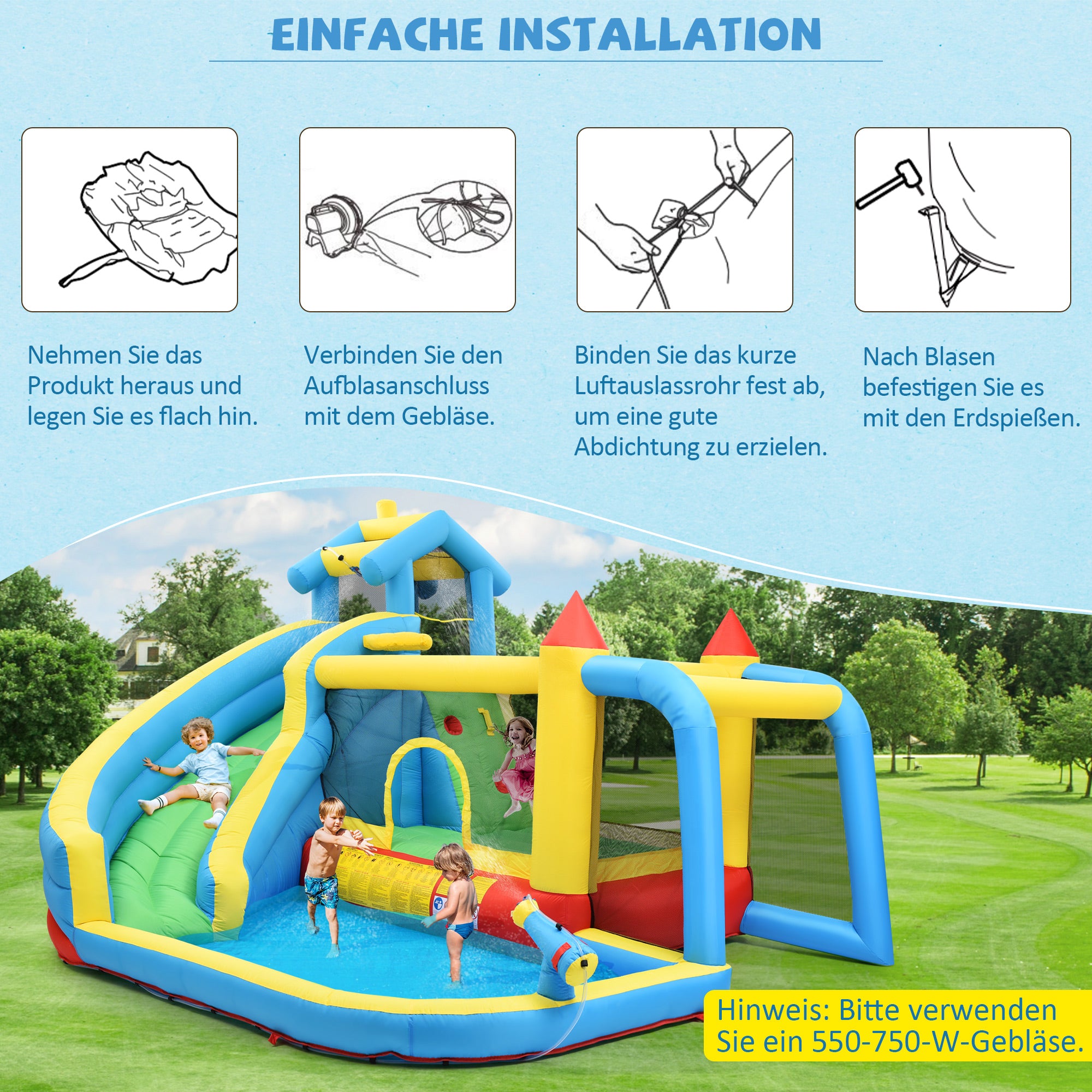 Children's Bouncy Castle, 5 in 1 inflatable outdoor castle with slide, jumping area, water pool, football net