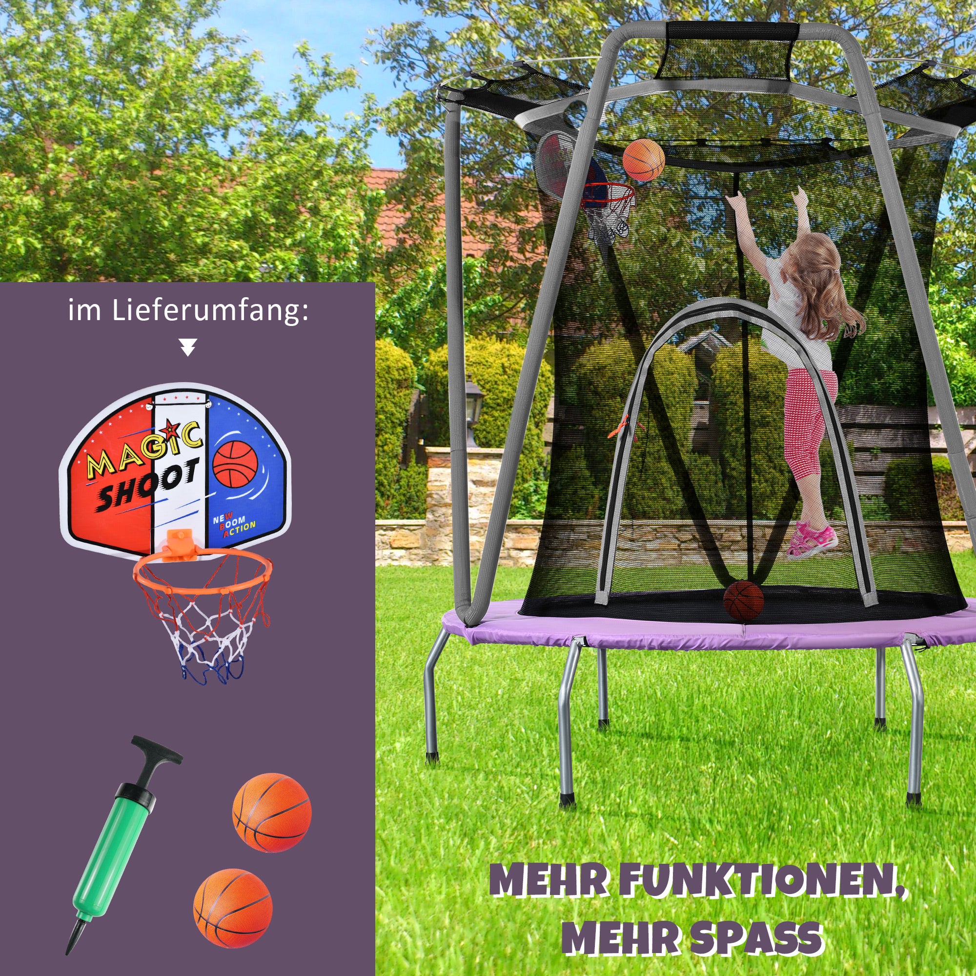 Trampoline set for indoor outdoor use, galvanized steel, 50kg capacity, 157 x 147 cm, purple/grey