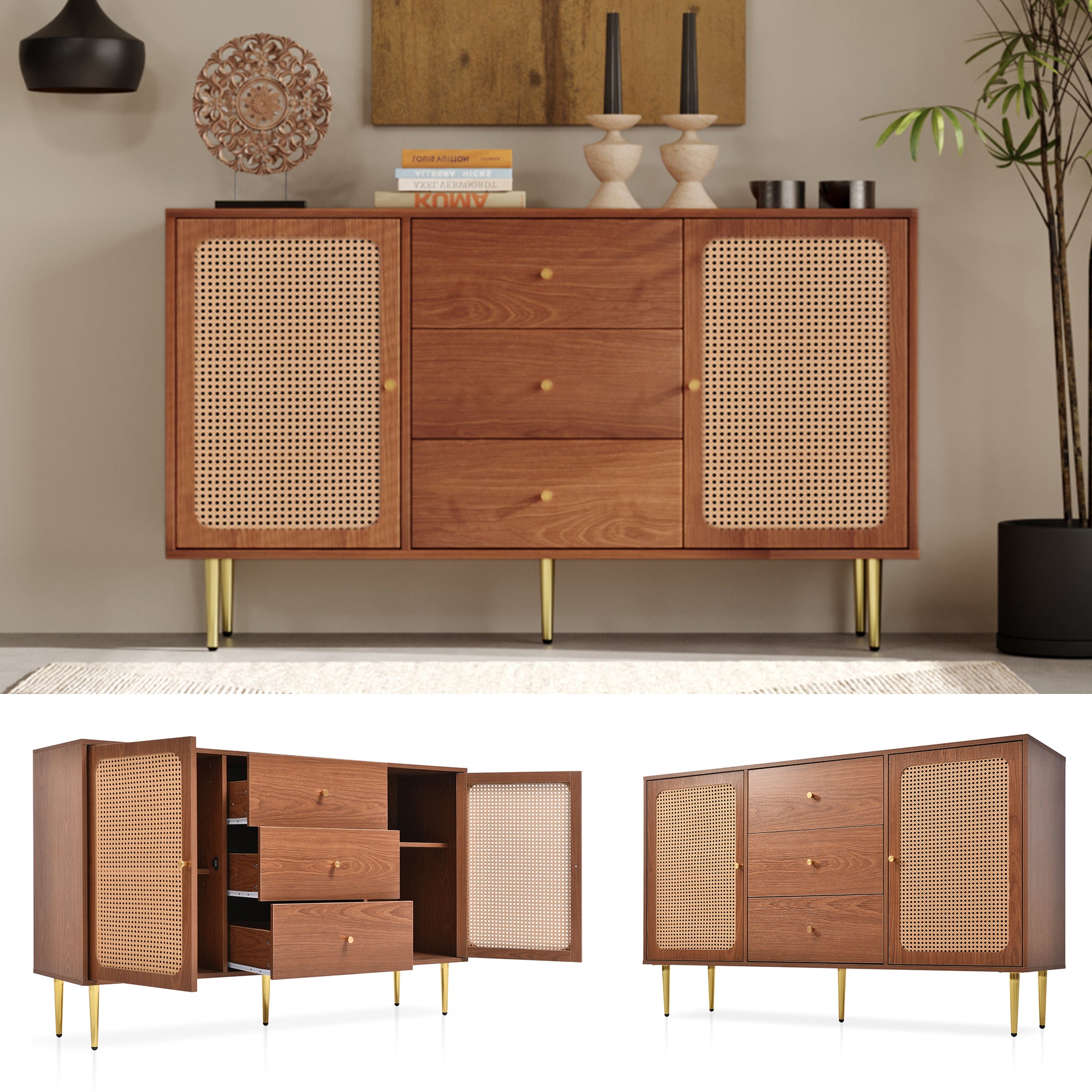Chest of Drawers, 2 Doors, 3 Drawers, Rattan, Adjustable Shelf, Walnut
