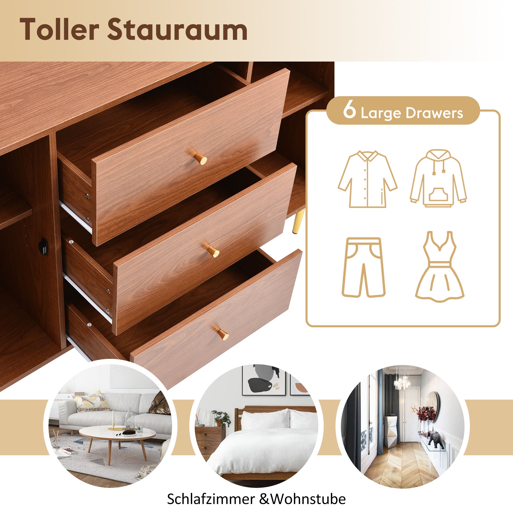 Chest of Drawers, 2 Doors, 3 Drawers, Rattan, Adjustable Shelf, Walnut