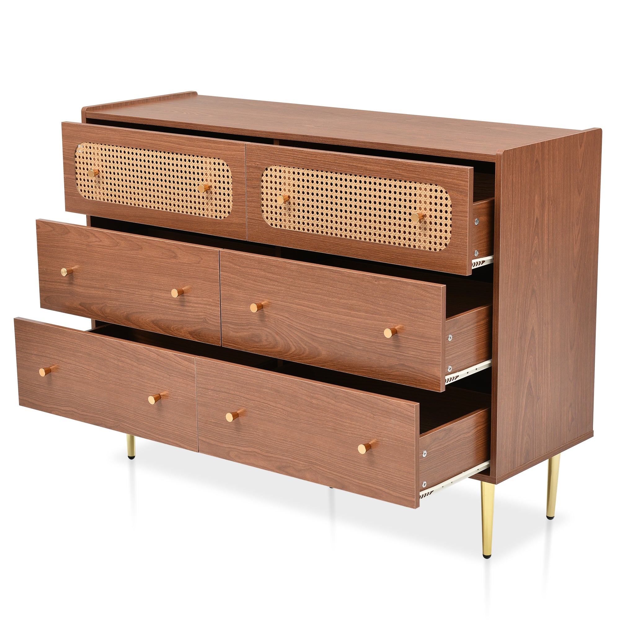 Chest of Drawers, 6 Drawer Rattan Sideboard, Walnut