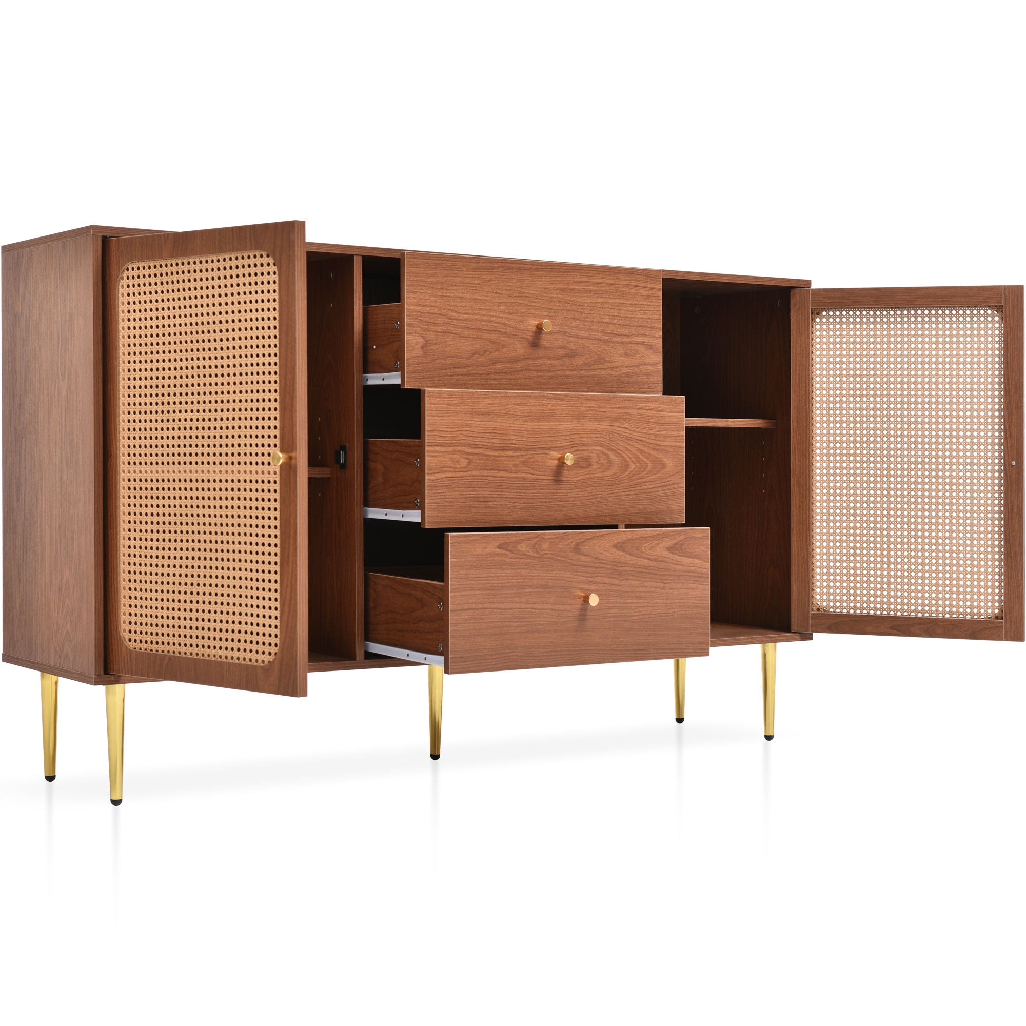 Chest of Drawers, 2 Doors, 3 Drawers, Rattan, Adjustable Shelf, Walnut