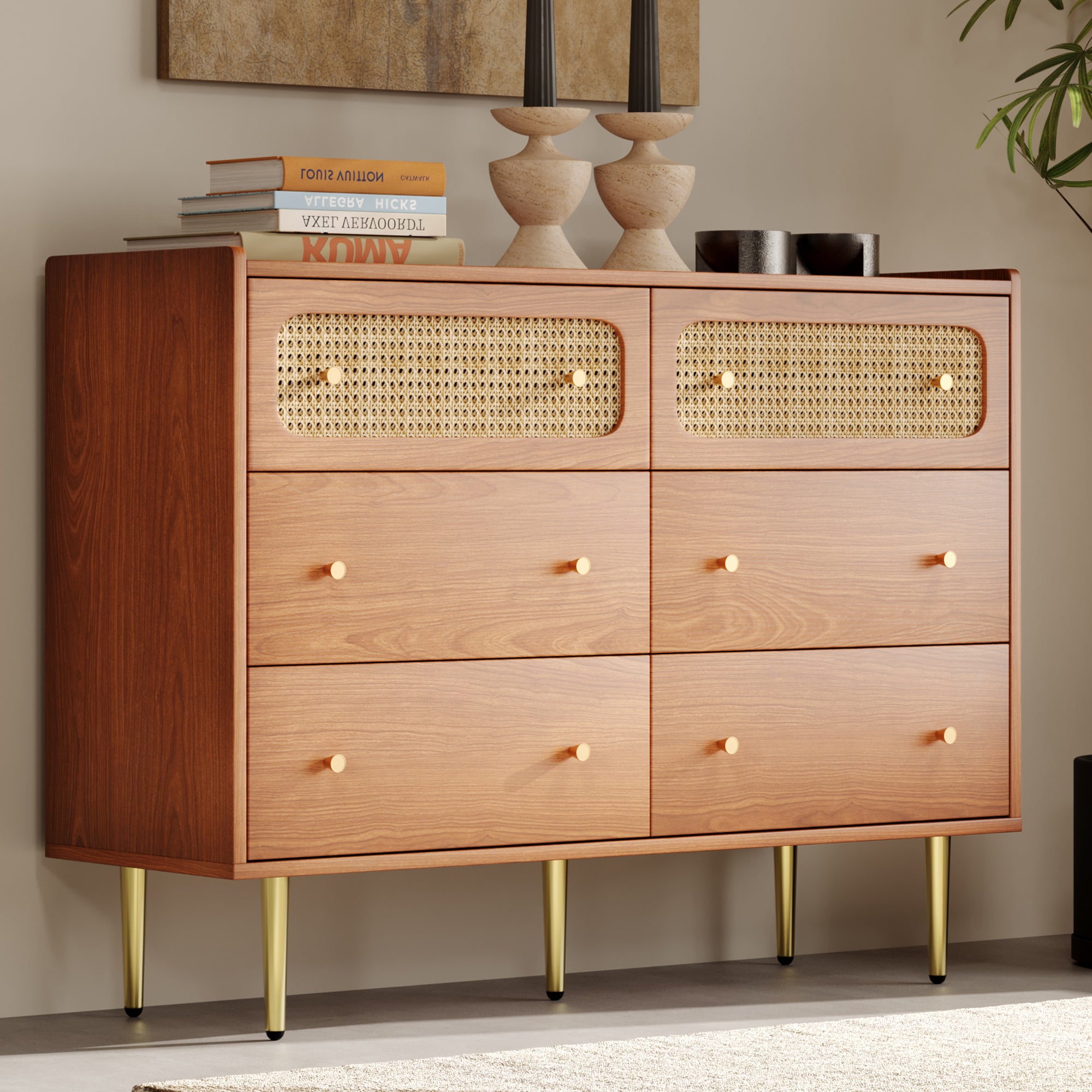 Chest of Drawers, 6 Drawer Rattan Sideboard, Walnut