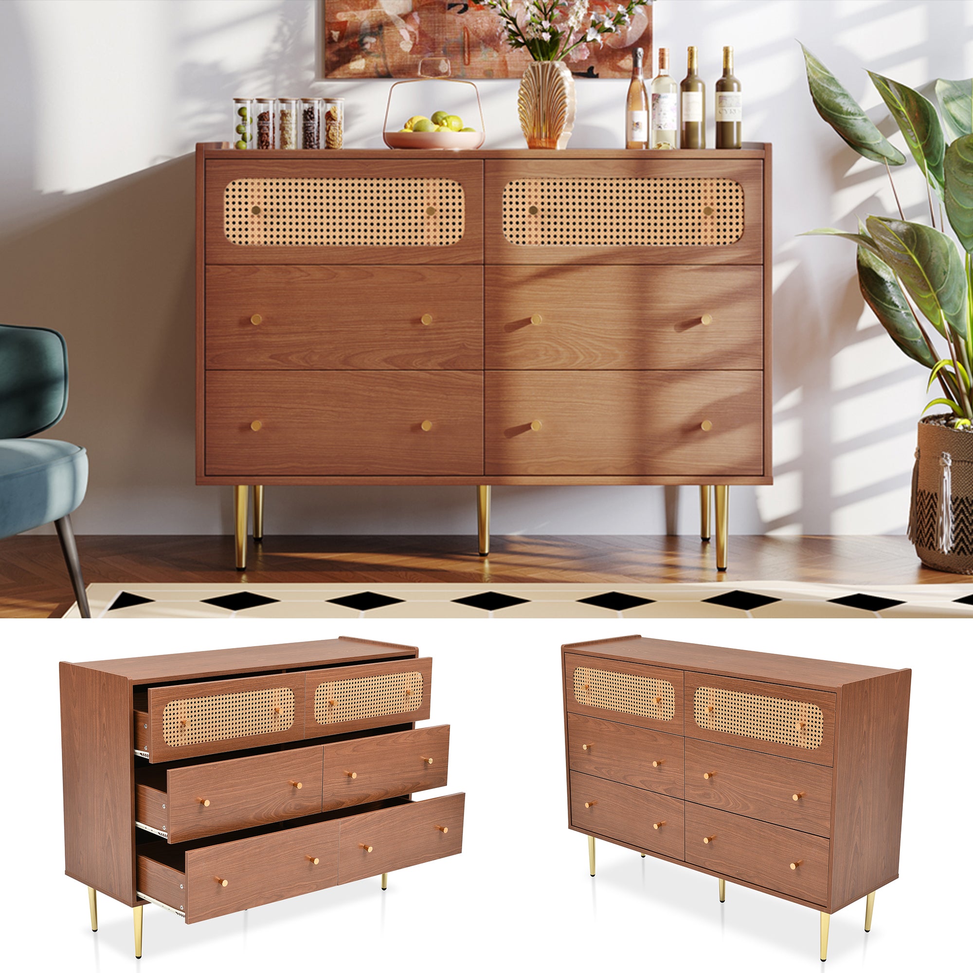 Chest of Drawers, 6 Drawer Rattan Sideboard, Walnut