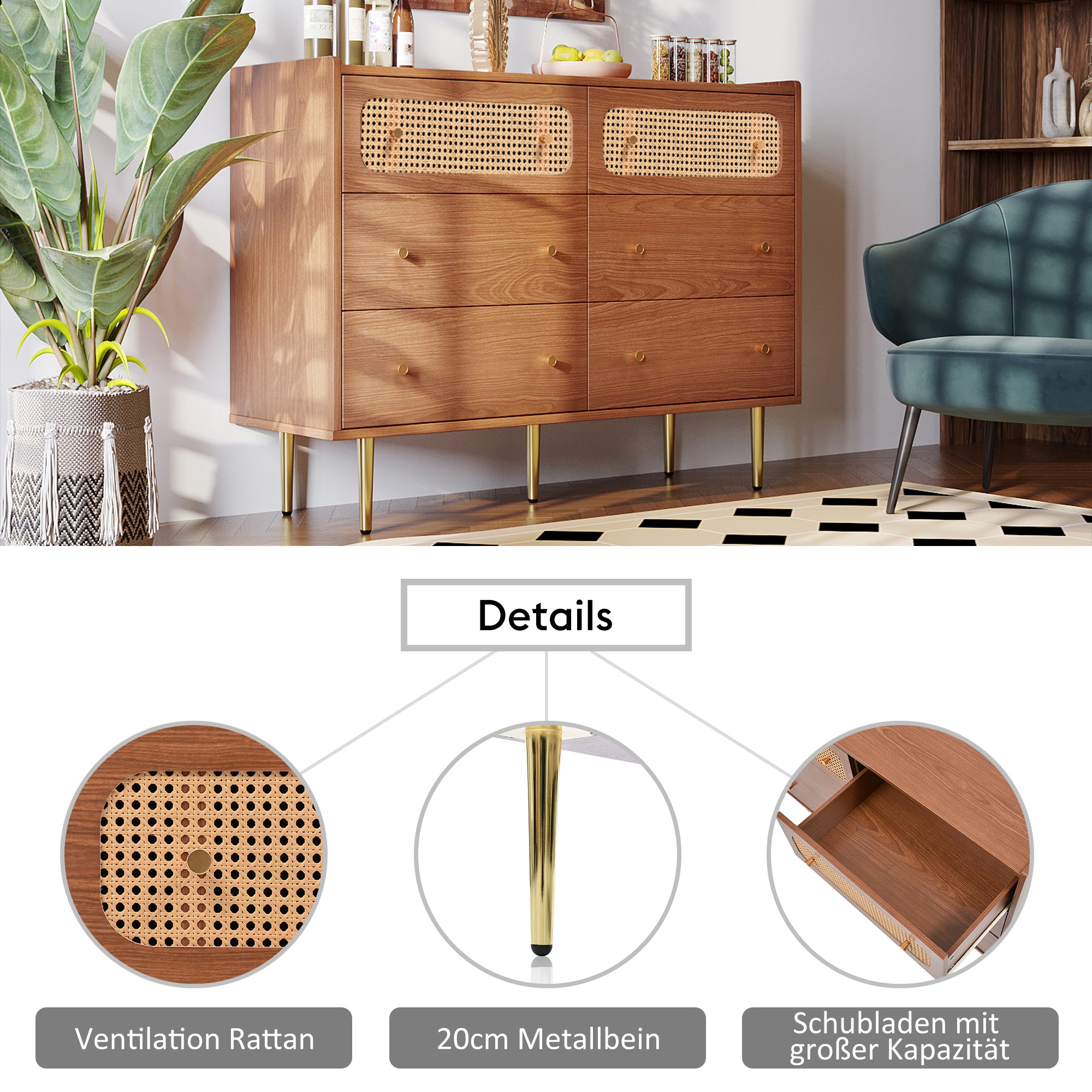 Chest of Drawers, 6 Drawer Rattan Sideboard, Walnut