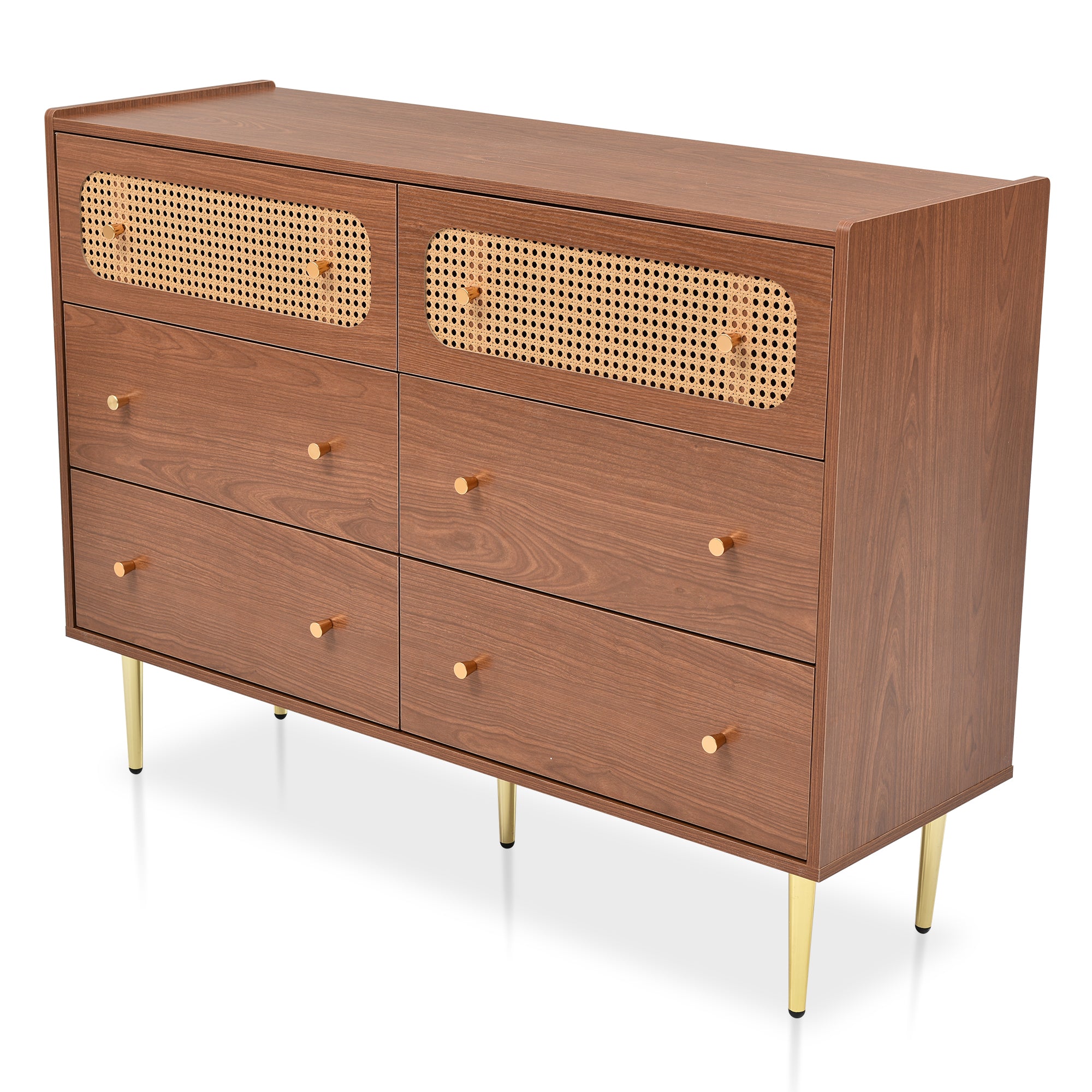 Chest of Drawers, 6 Drawer Rattan Sideboard, Walnut