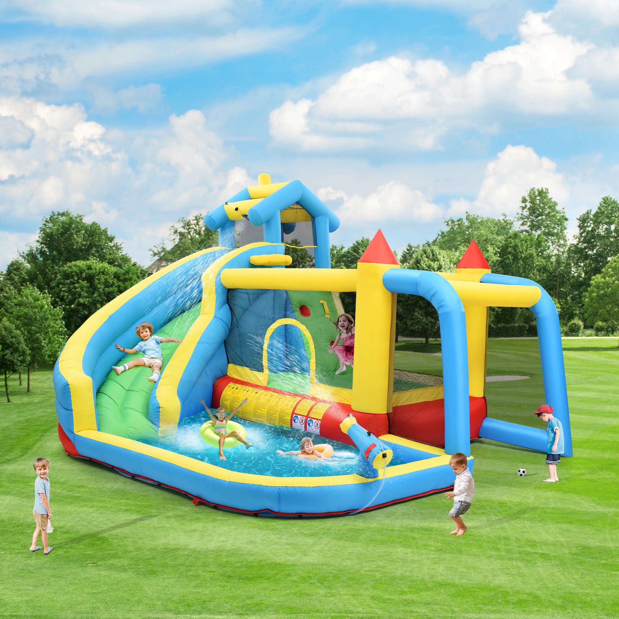 Children's Bouncy Castle, 5 in 1 inflatable outdoor castle with slide, jumping area, water pool, football net