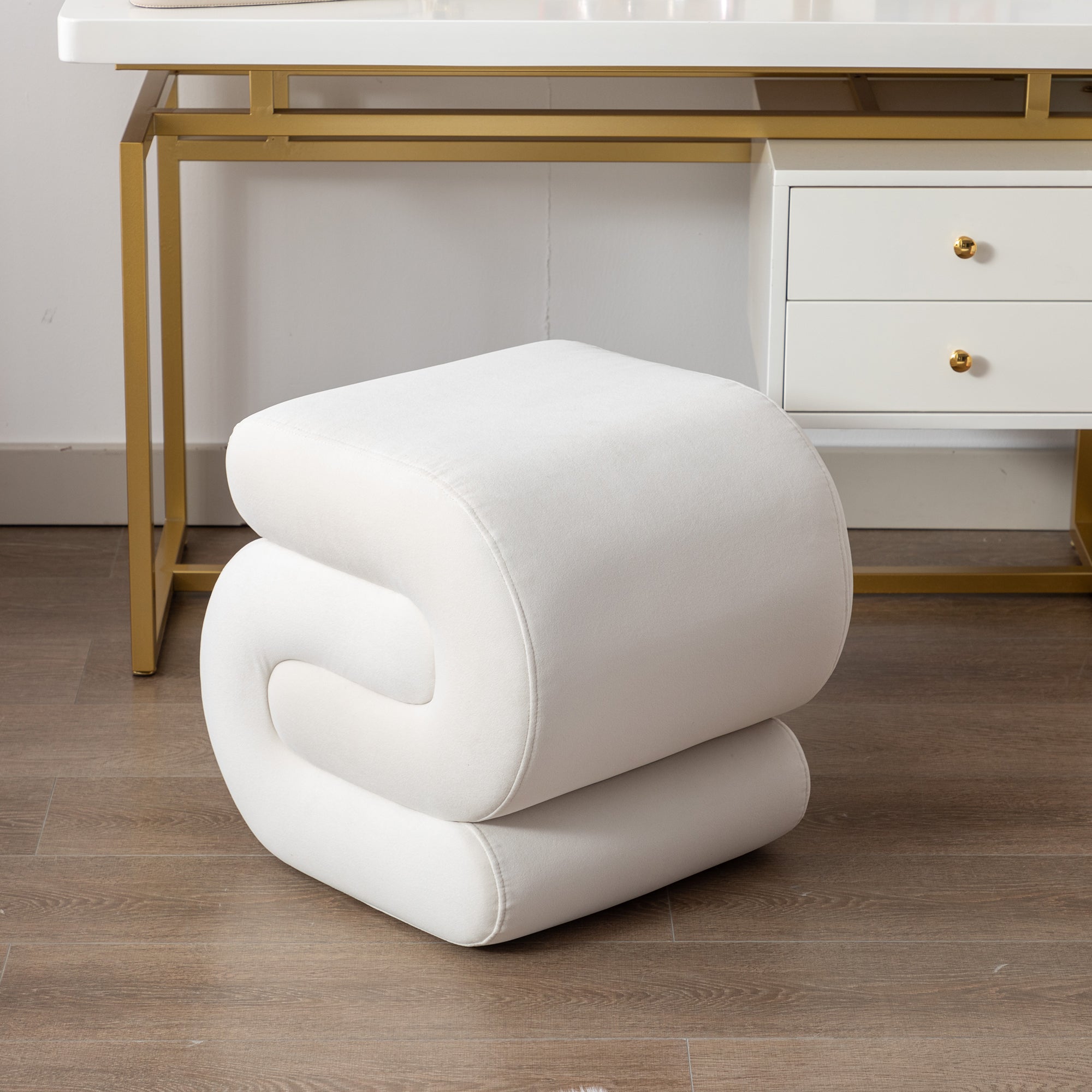 Velvet Ottoman S-shape stool, Wavy Pouf, Ivory White Fabric