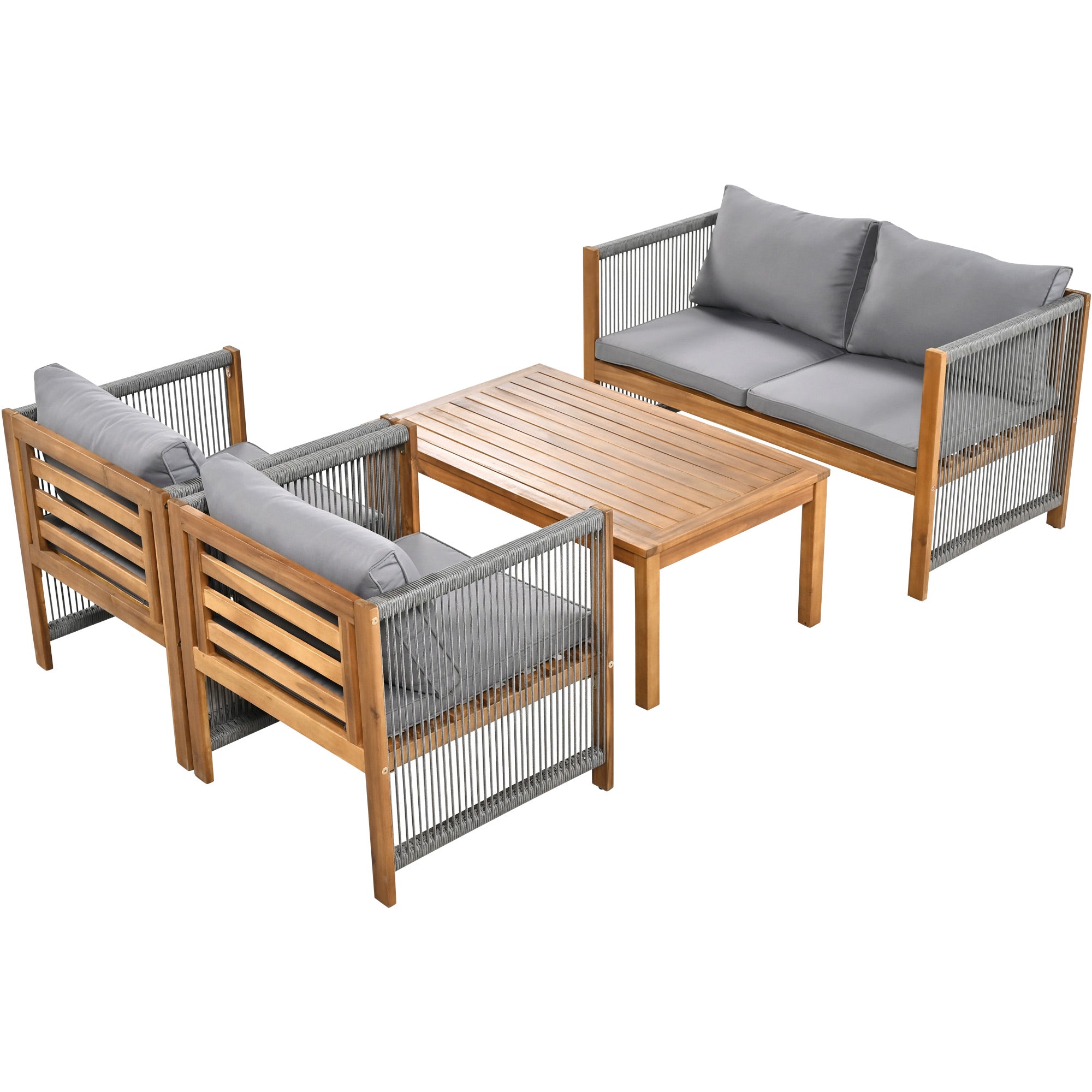 Garden Lounge Set with Sofa, 2 Armchairs and Table, Grey Rattan Look and Acacia Wood