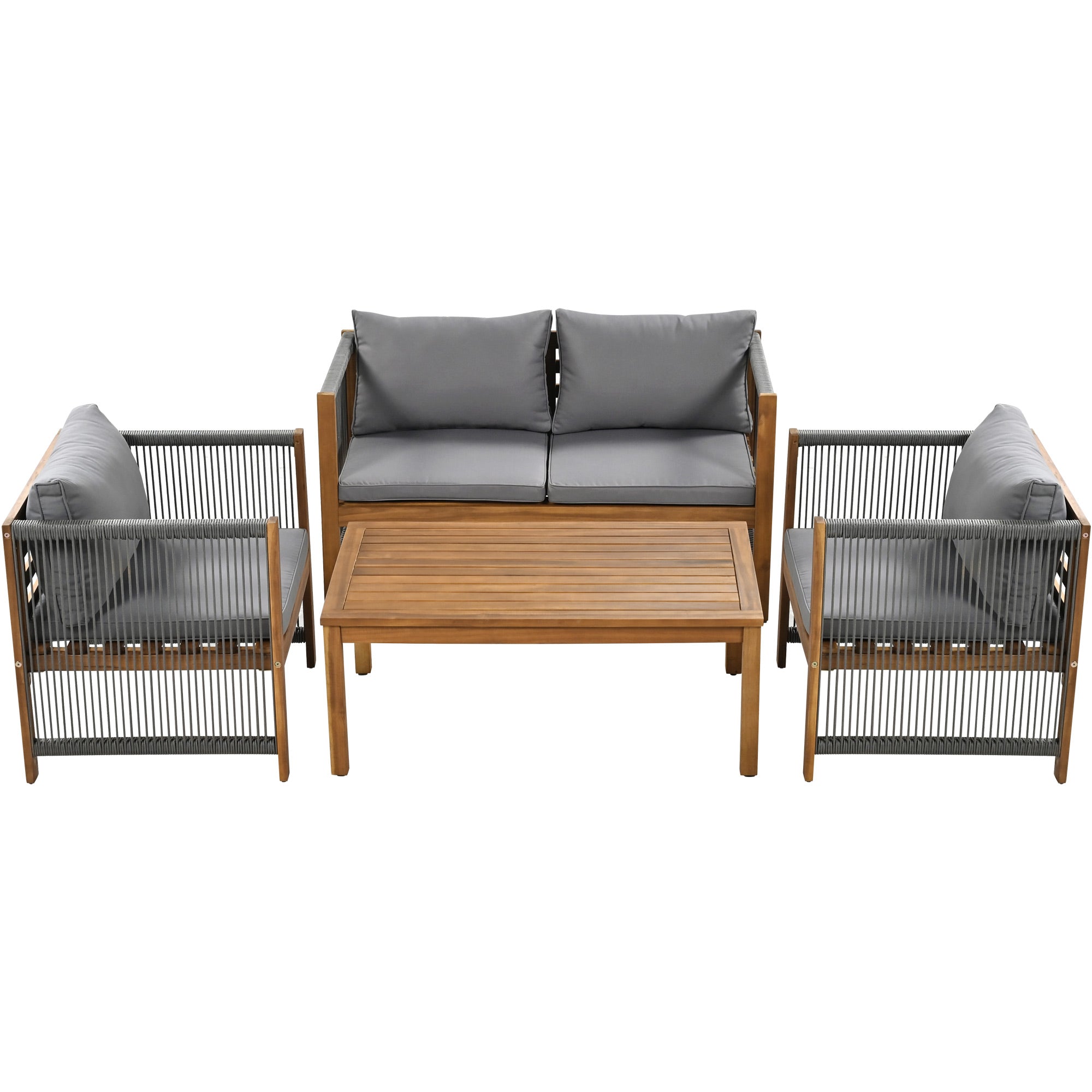 Garden Lounge Set with Sofa, 2 Armchairs and Table, Grey Rattan Look and Acacia Wood