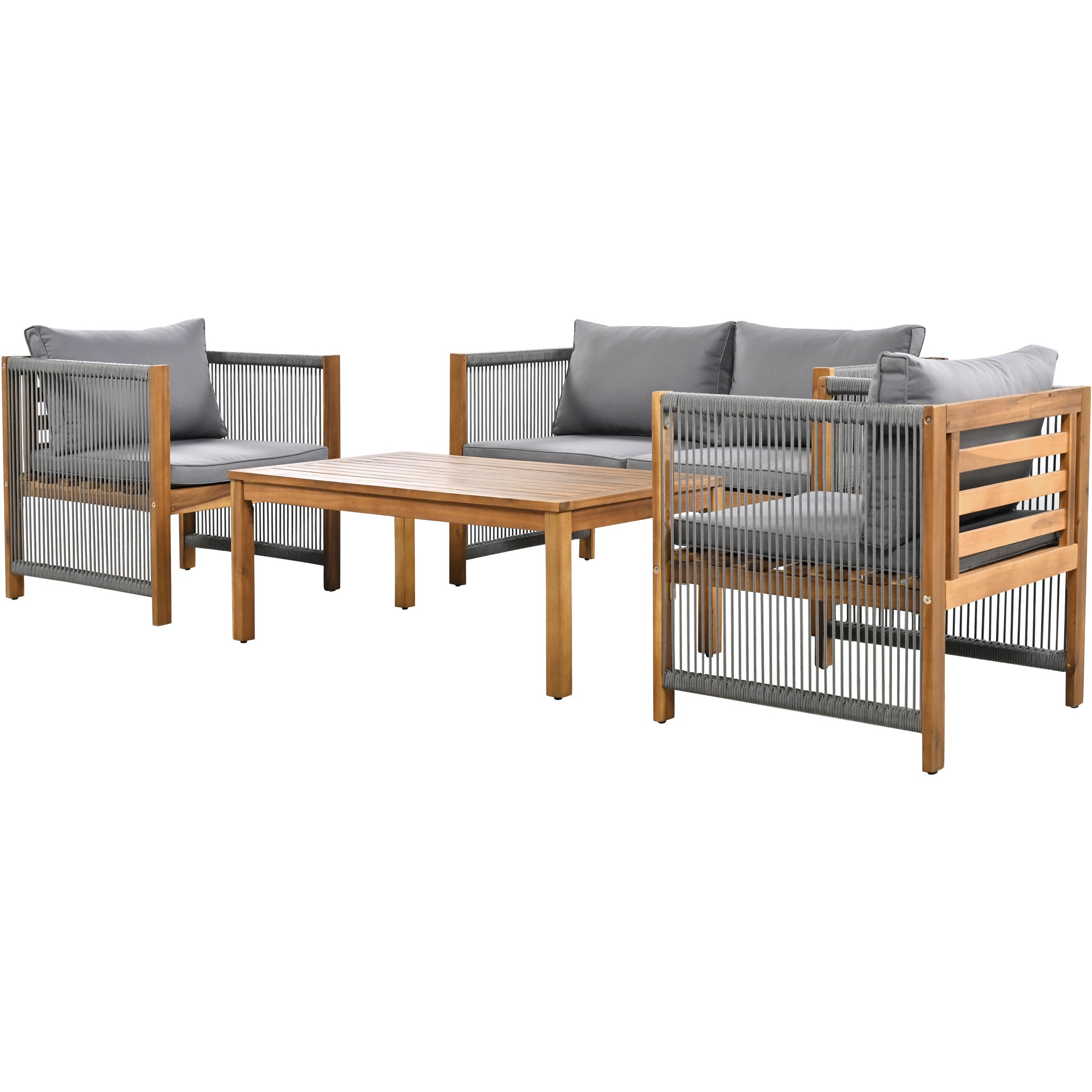 Garden Lounge Set with Sofa, 2 Armchairs and Table, Grey Rattan Look and Acacia Wood