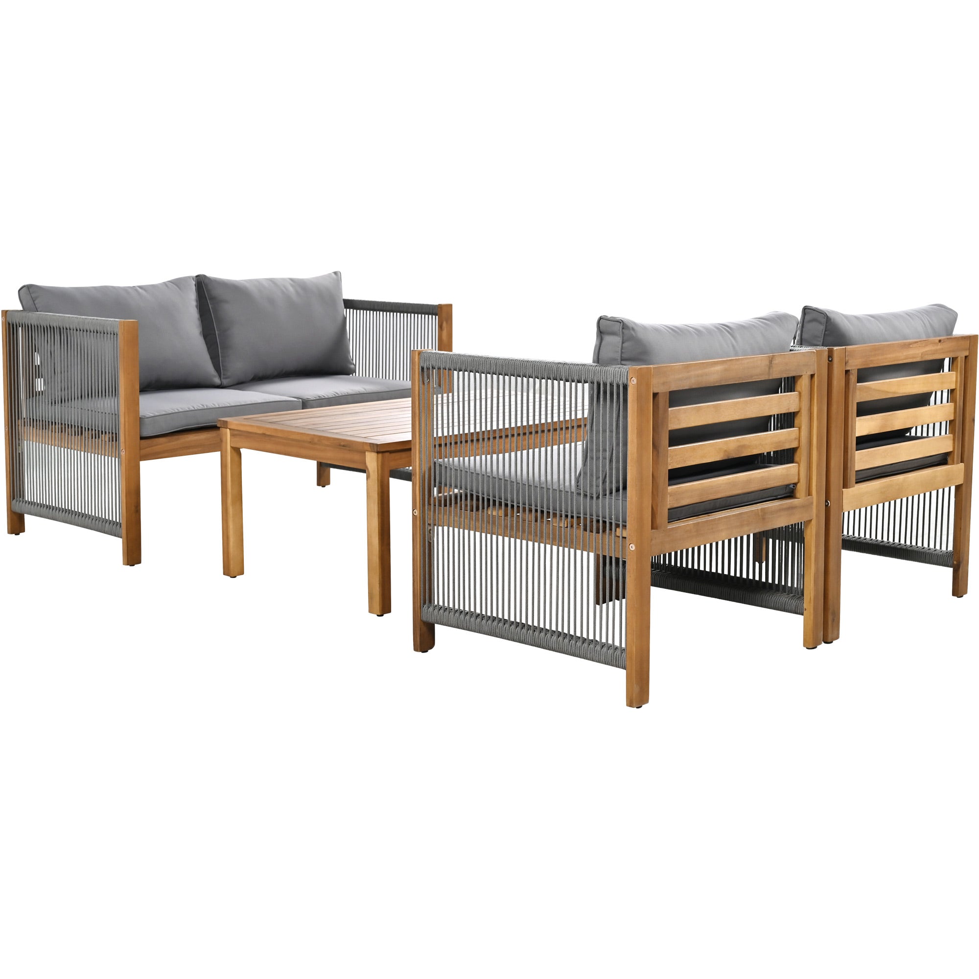 Garden Lounge Set with Sofa, 2 Armchairs and Table, Grey Rattan Look and Acacia Wood