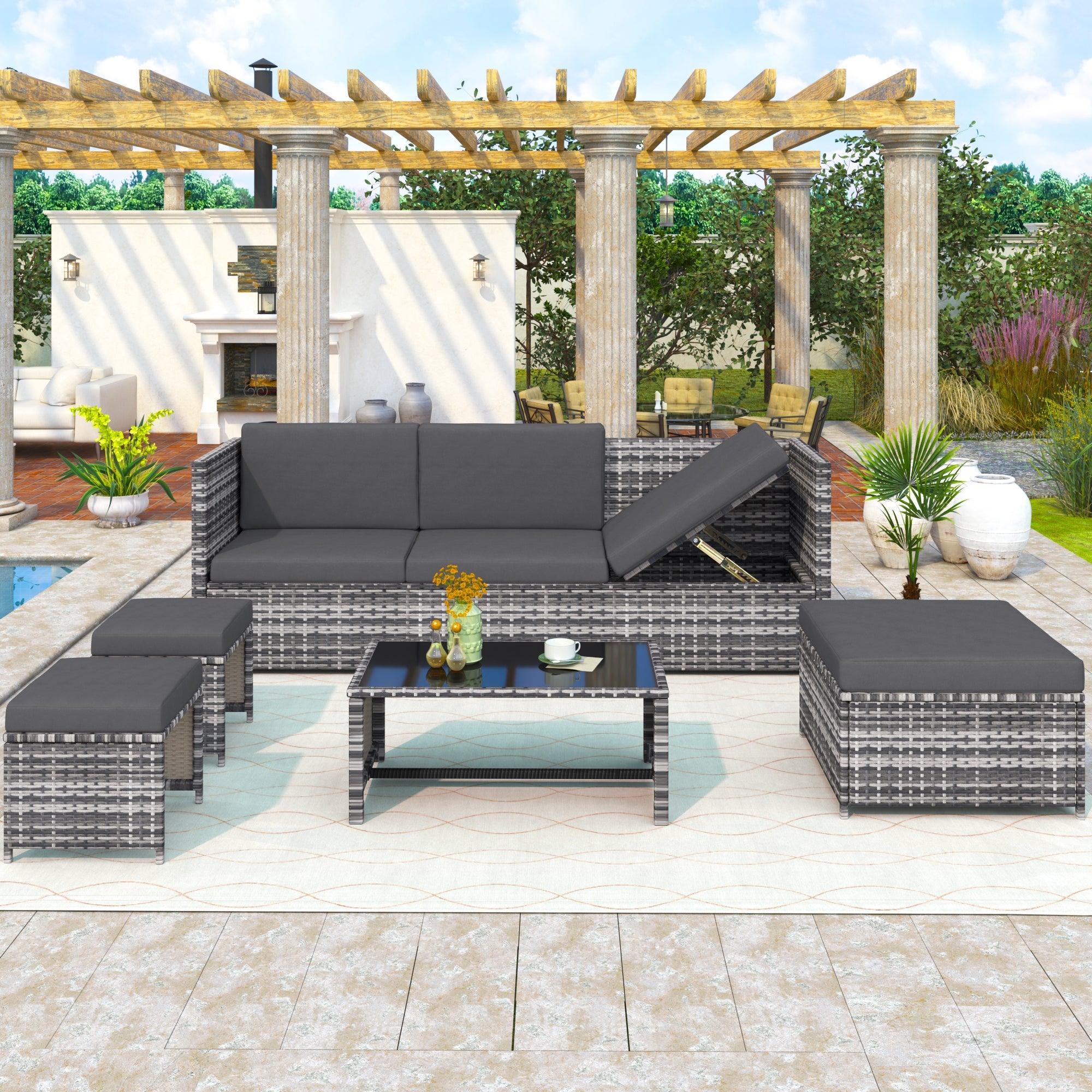 Lounge Set, Garden Furniture Rattan Sofa Seating Group, Grey