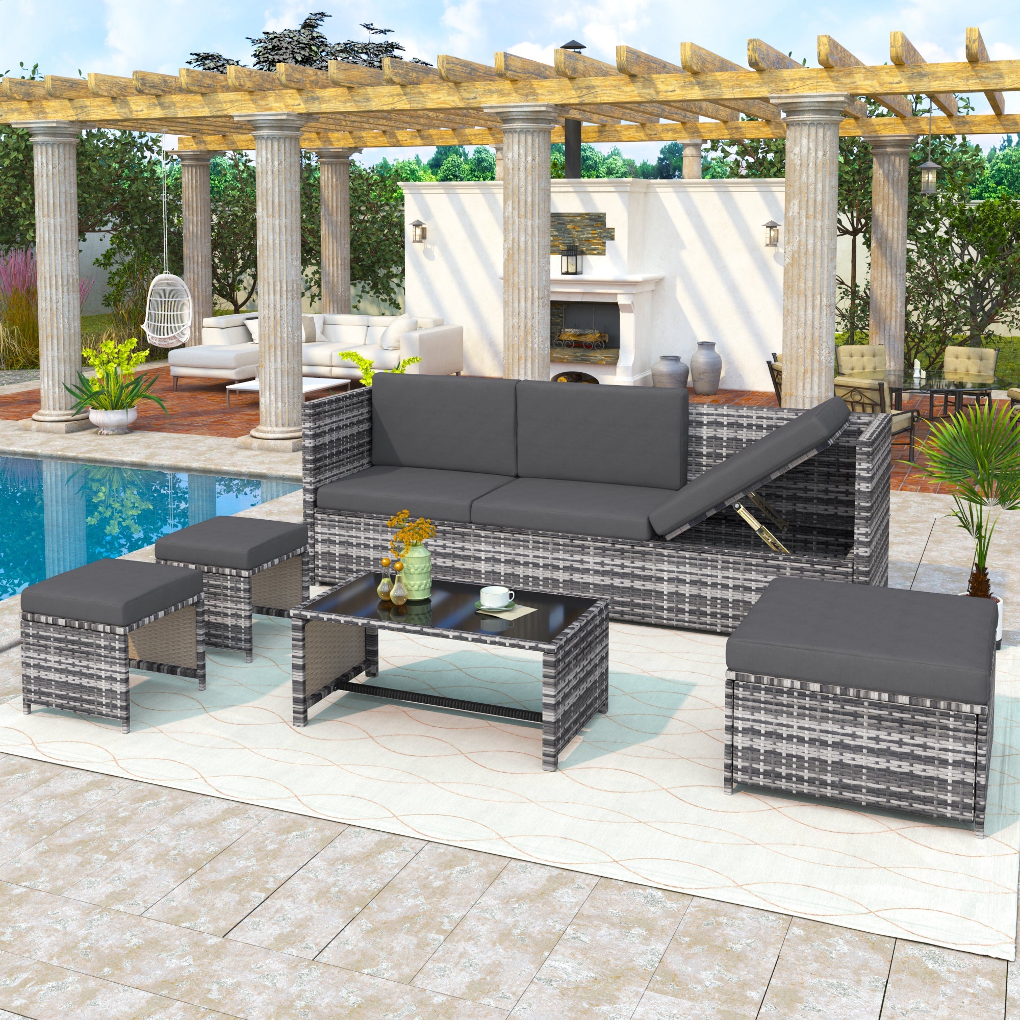 Lounge Set, Garden Furniture Rattan Sofa Seating Group, Grey