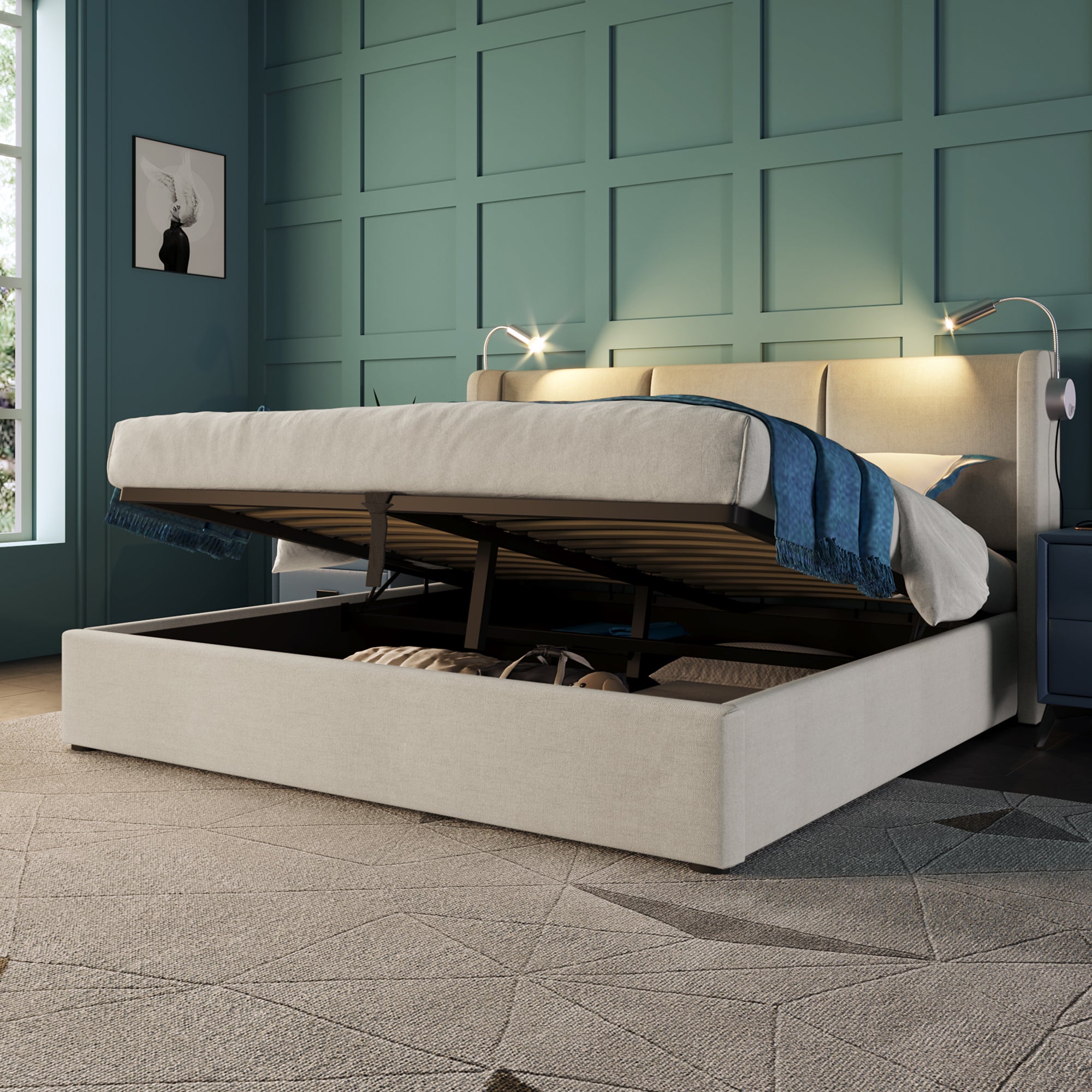 Upholstered Double Bed 160x200 Storage USB Reading Light Linen