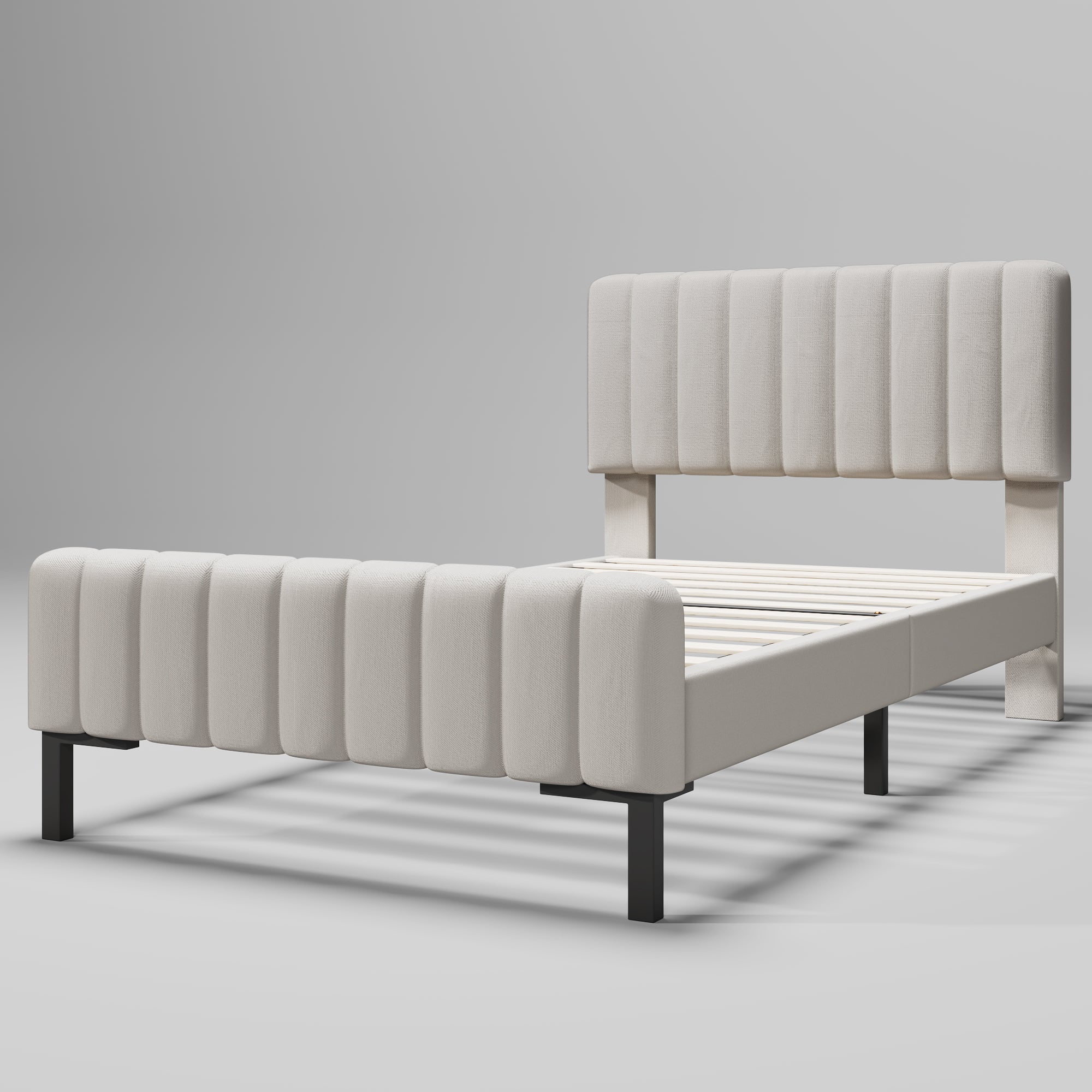 Upholstered single bed, 90 x 200 cm, adjustable headboard, grey-beige linen